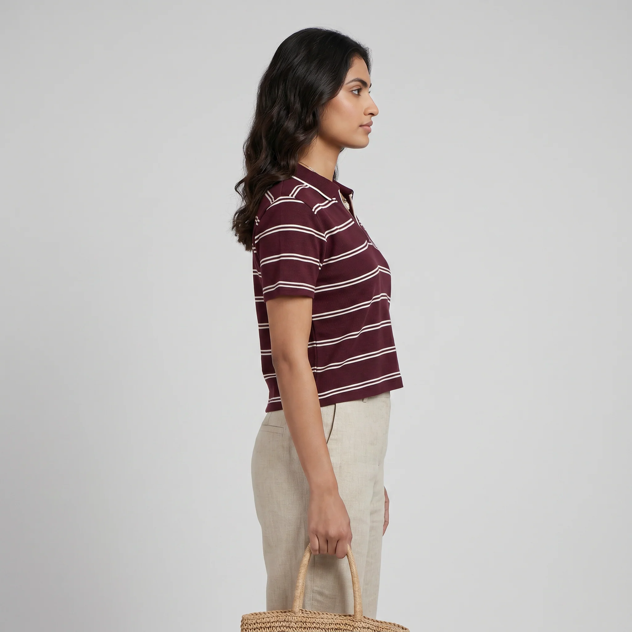 Striped Slim Fit Crop Polo T-Shirt - Image 7