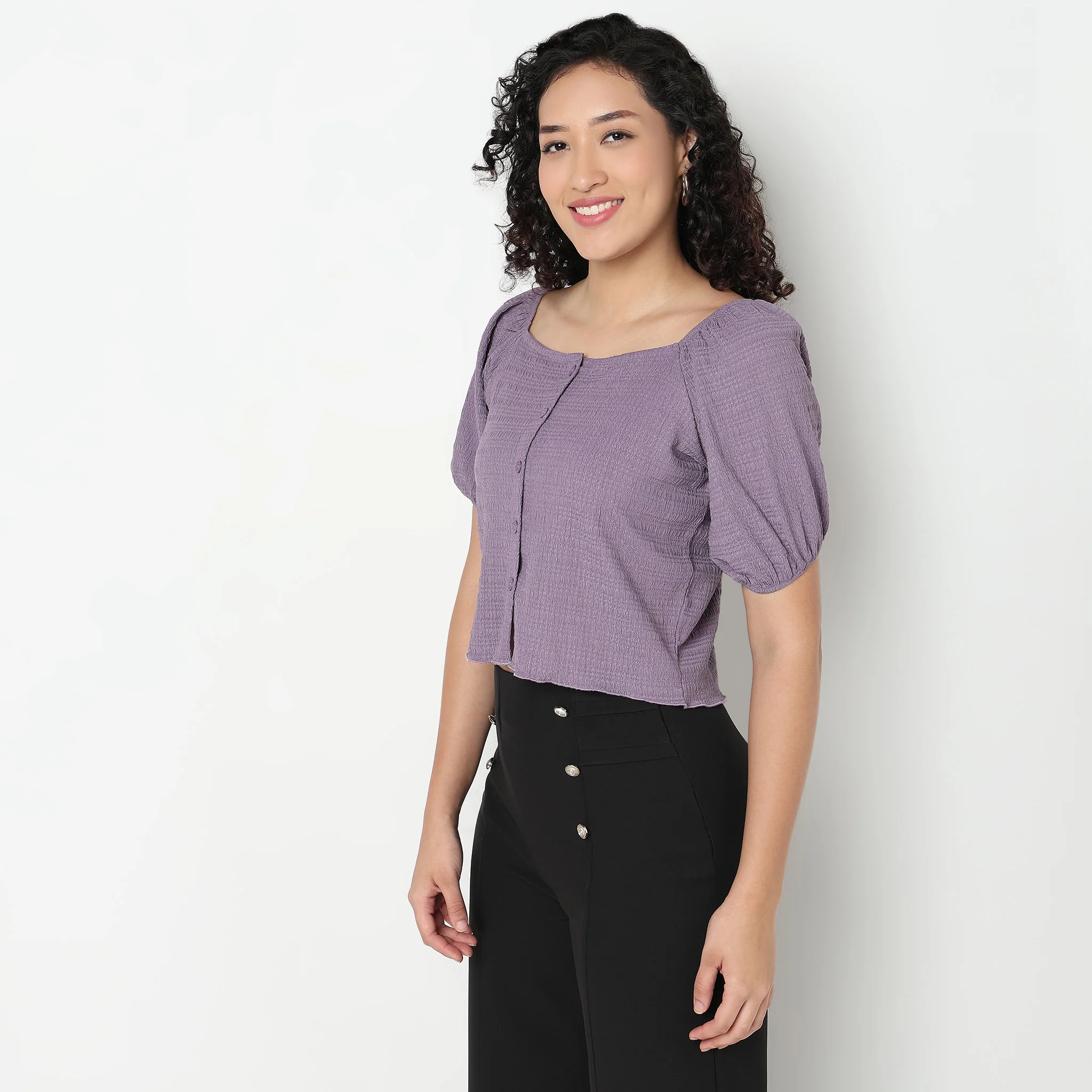 Structured Cropped Top with Puff Sleeves - Image 10