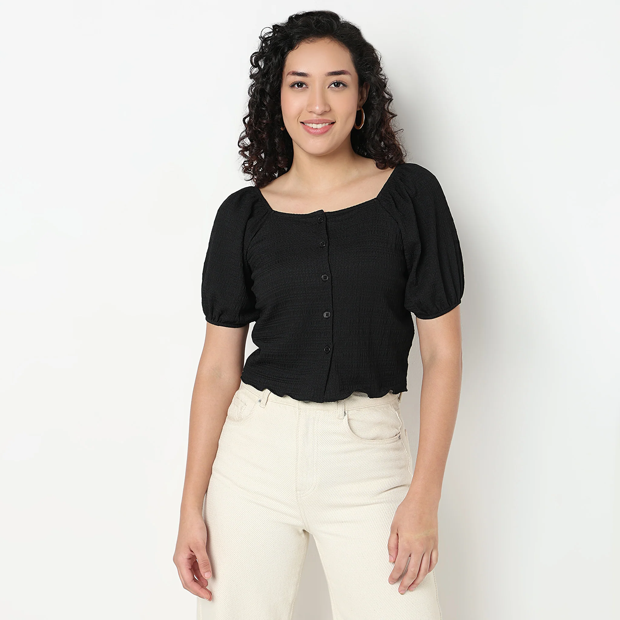 Structured Cropped Top with Puff Sleeves - Image 2