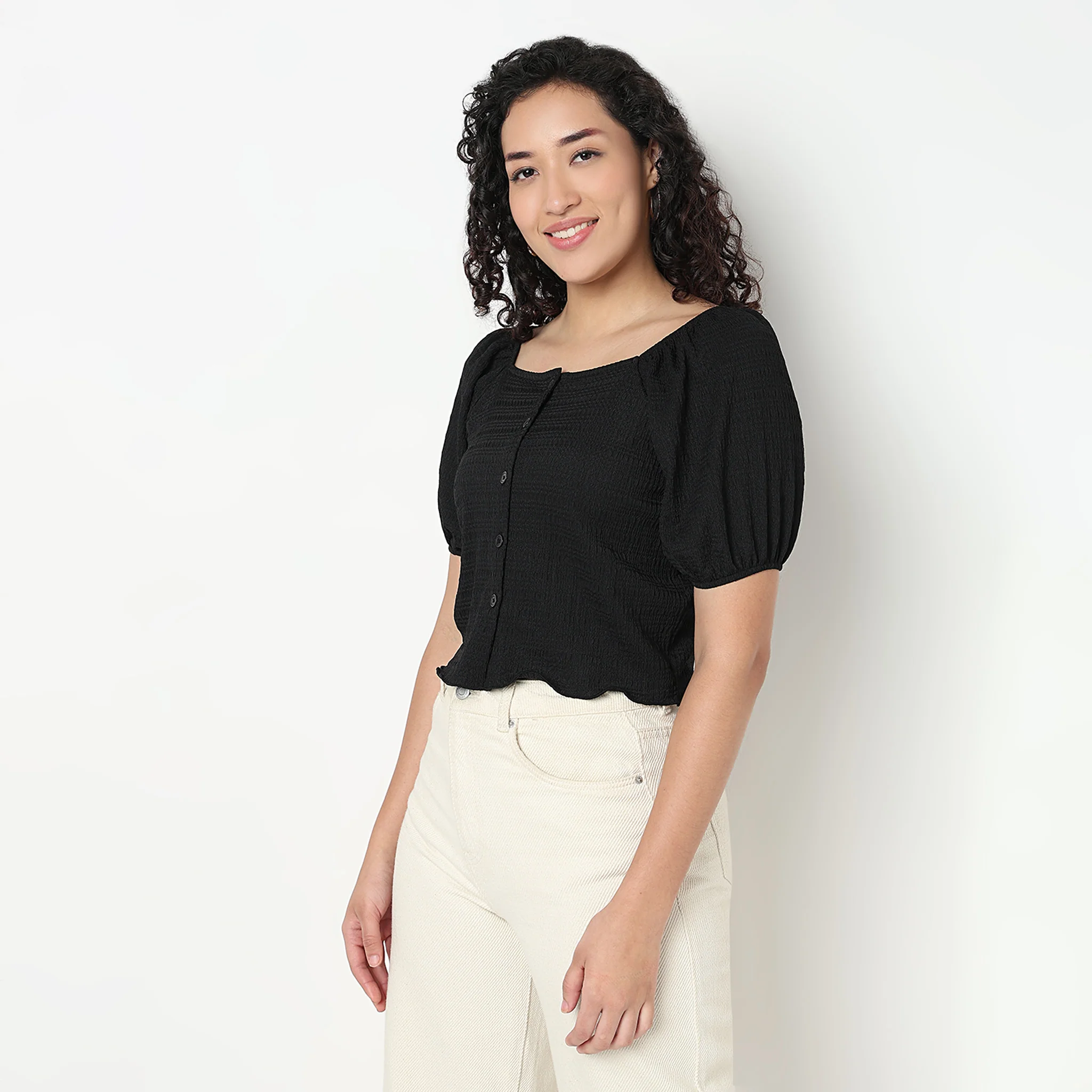 Structured Cropped Top with Puff Sleeves - Image 5