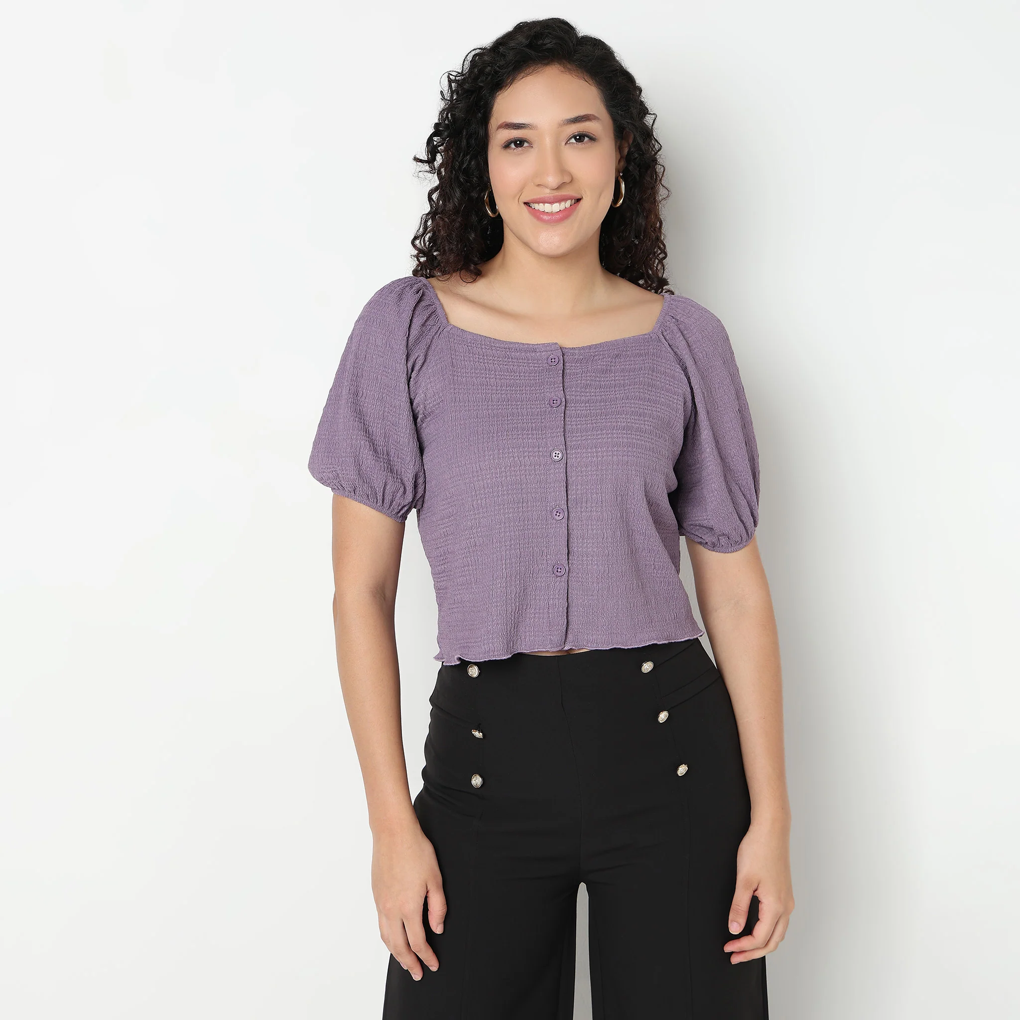 Structured Cropped Top with Puff Sleeves - Image 7