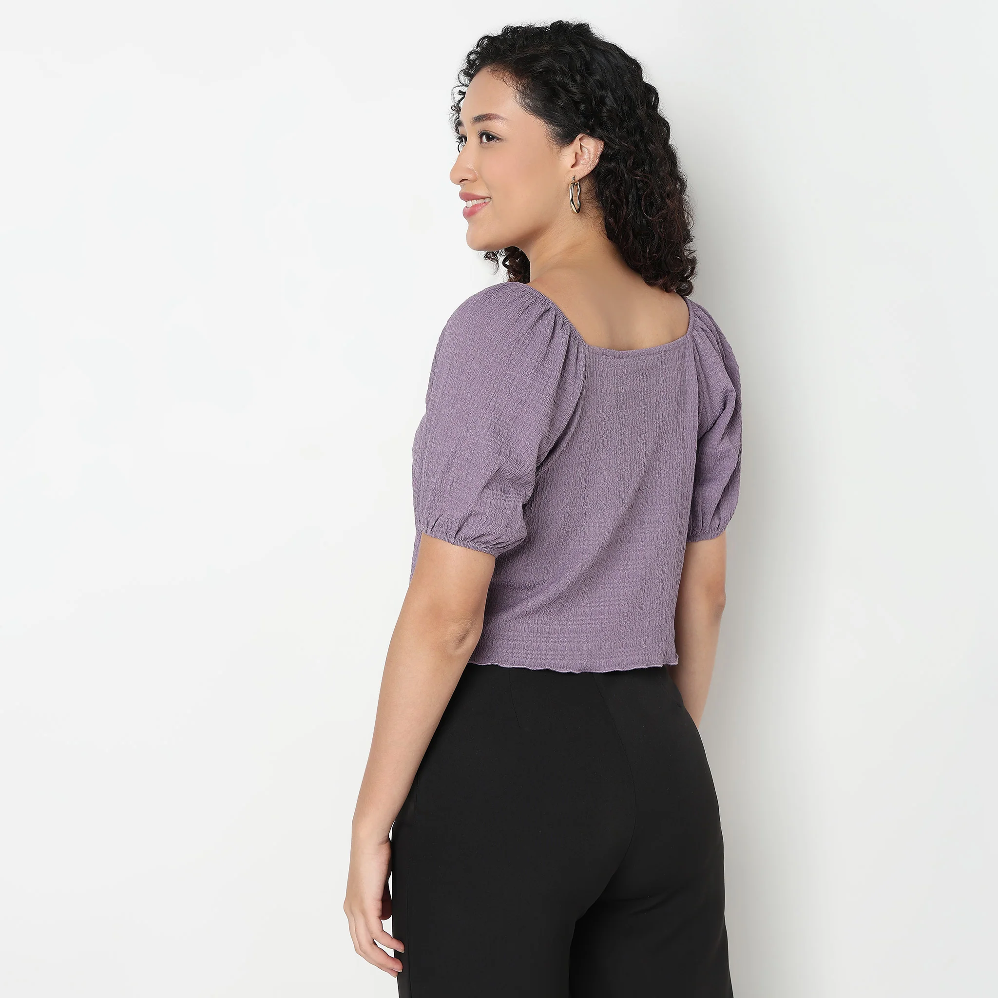 Structured Cropped Top with Puff Sleeves - Image 8