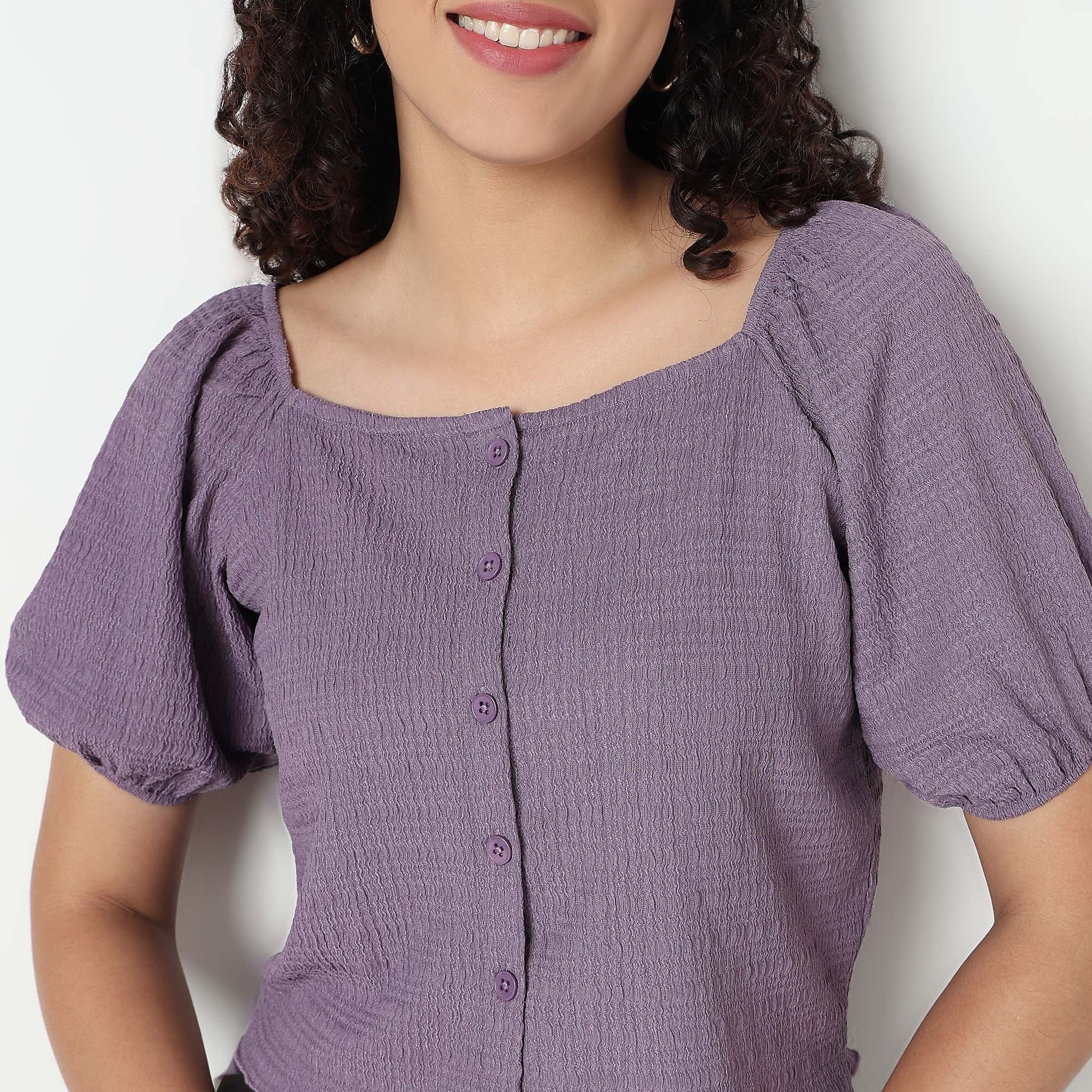 Structured Cropped Top with Puff Sleeves - Image 9