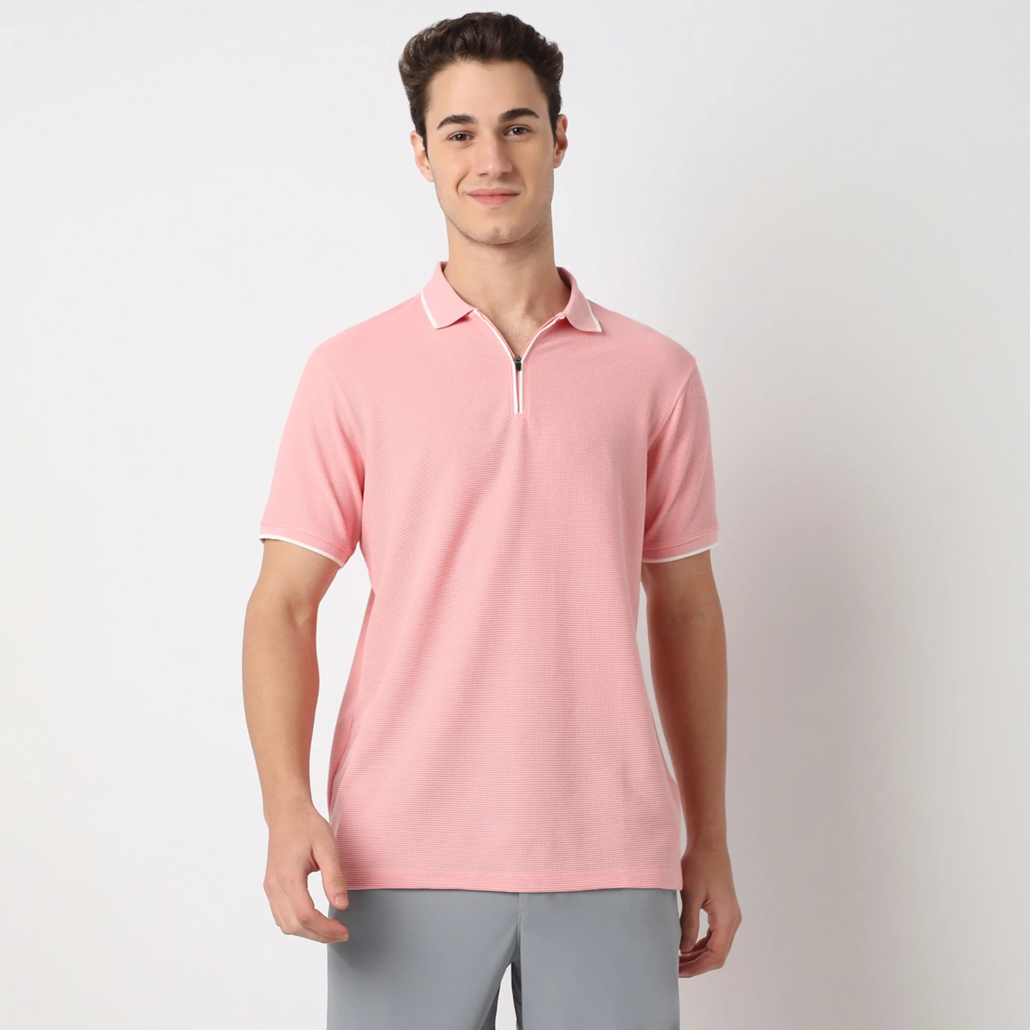 Smart Polo™ - Micro Waffle Knit Structure With modern Tipping and Zip Neck - Image 17