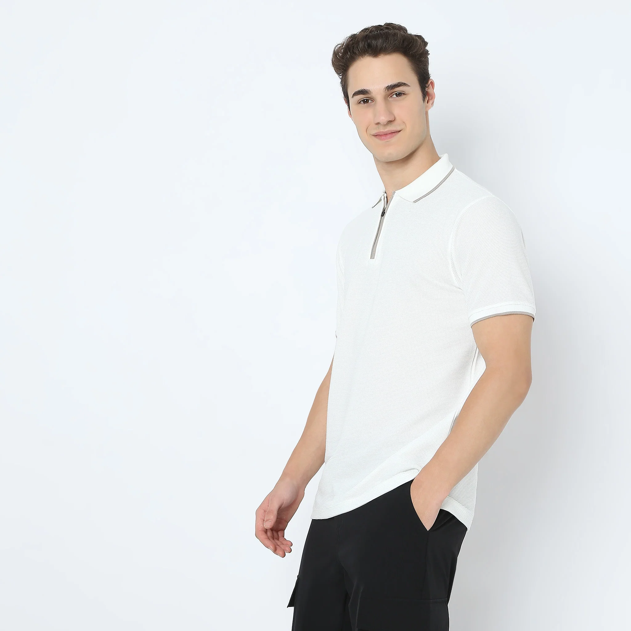 Smart Polo™ - Micro Waffle Knit Structure With modern Tipping and Zip Neck - Image 9