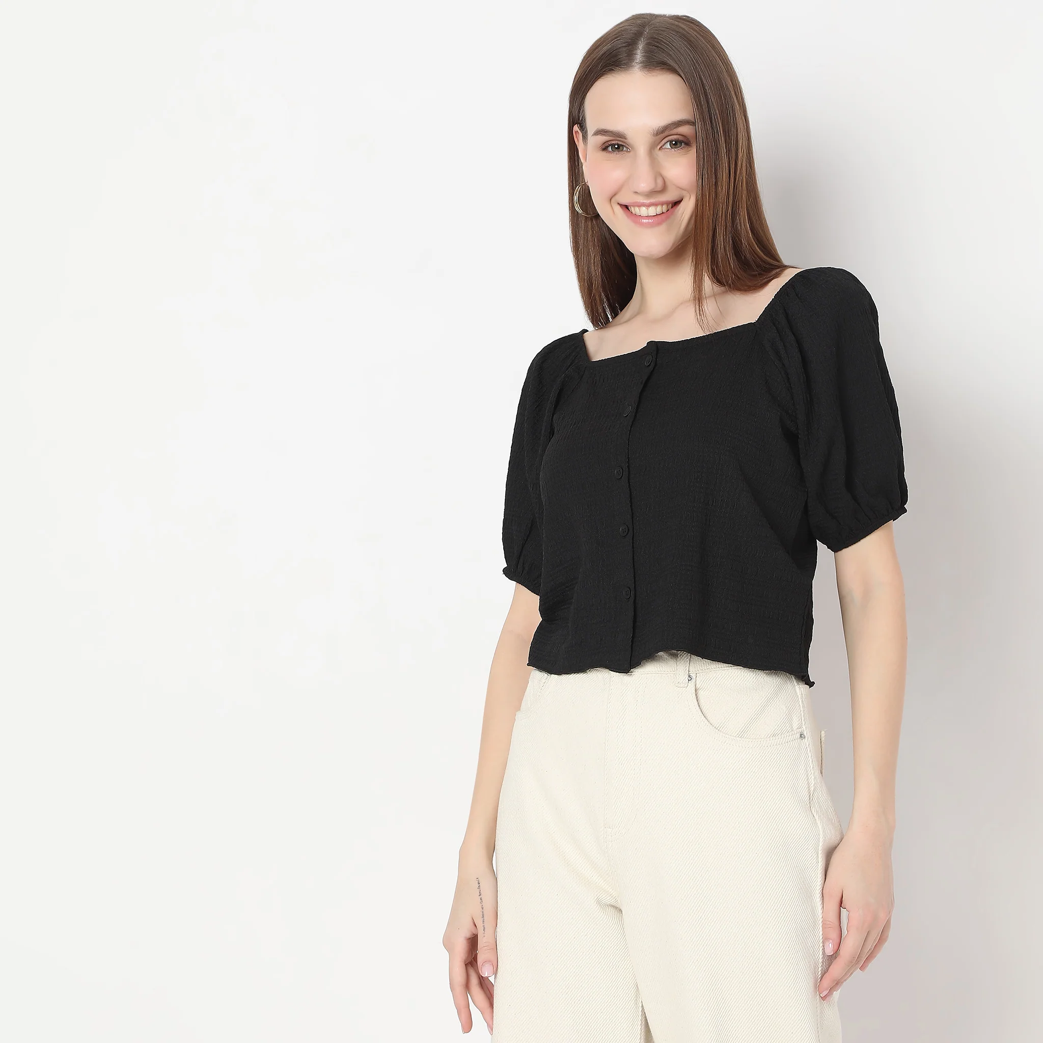 Structured Square Neck Pleasant Sleeve Knit Top - Image 5