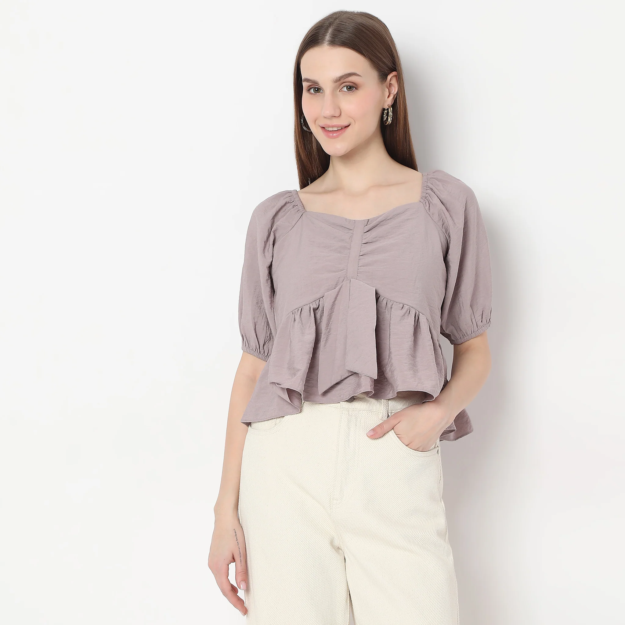 Sweetheart Neck Back Ruched Smocking Peplum Top - Image 2
