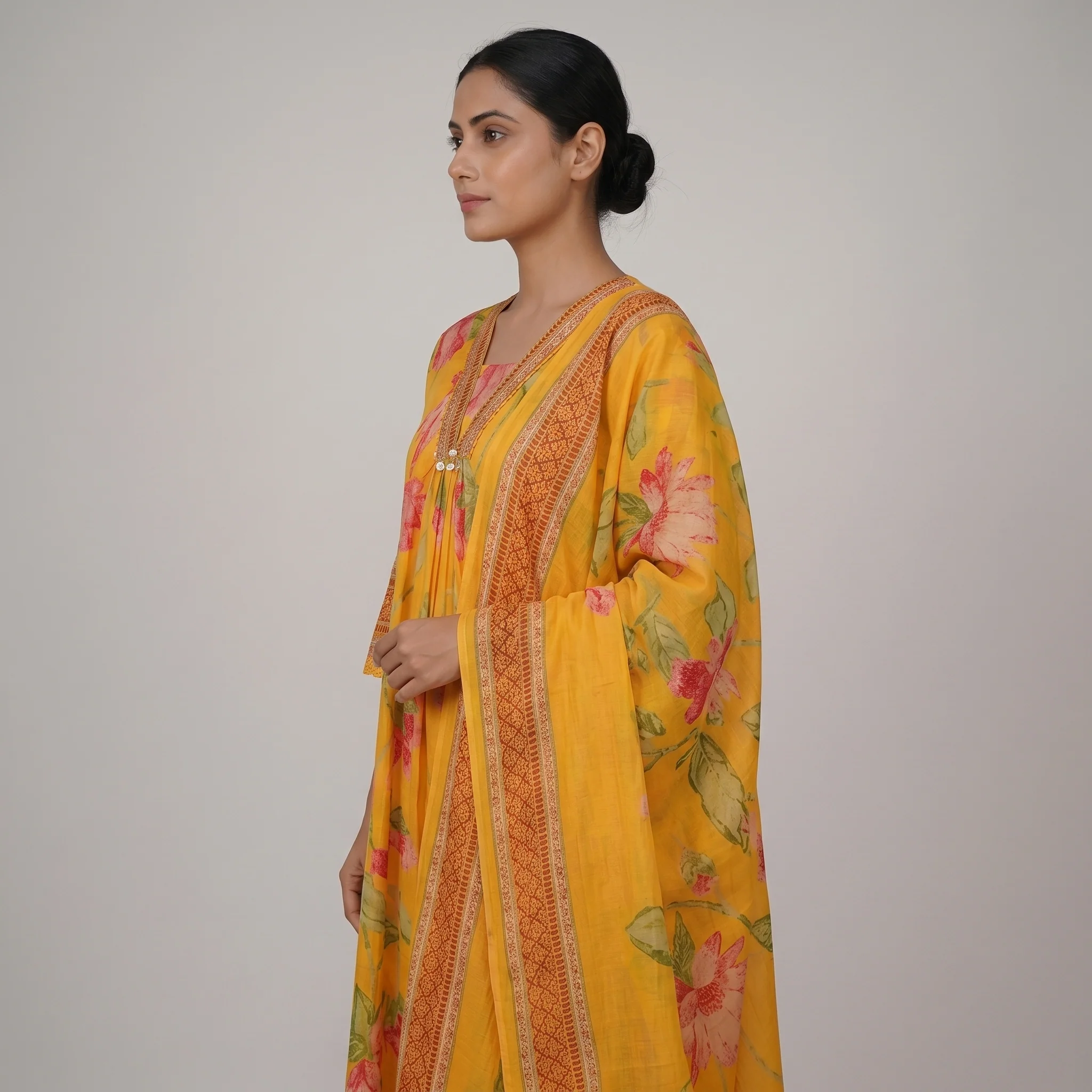 V-Neck A-Line Kurta and Pant with Dupatta Set - Image 2