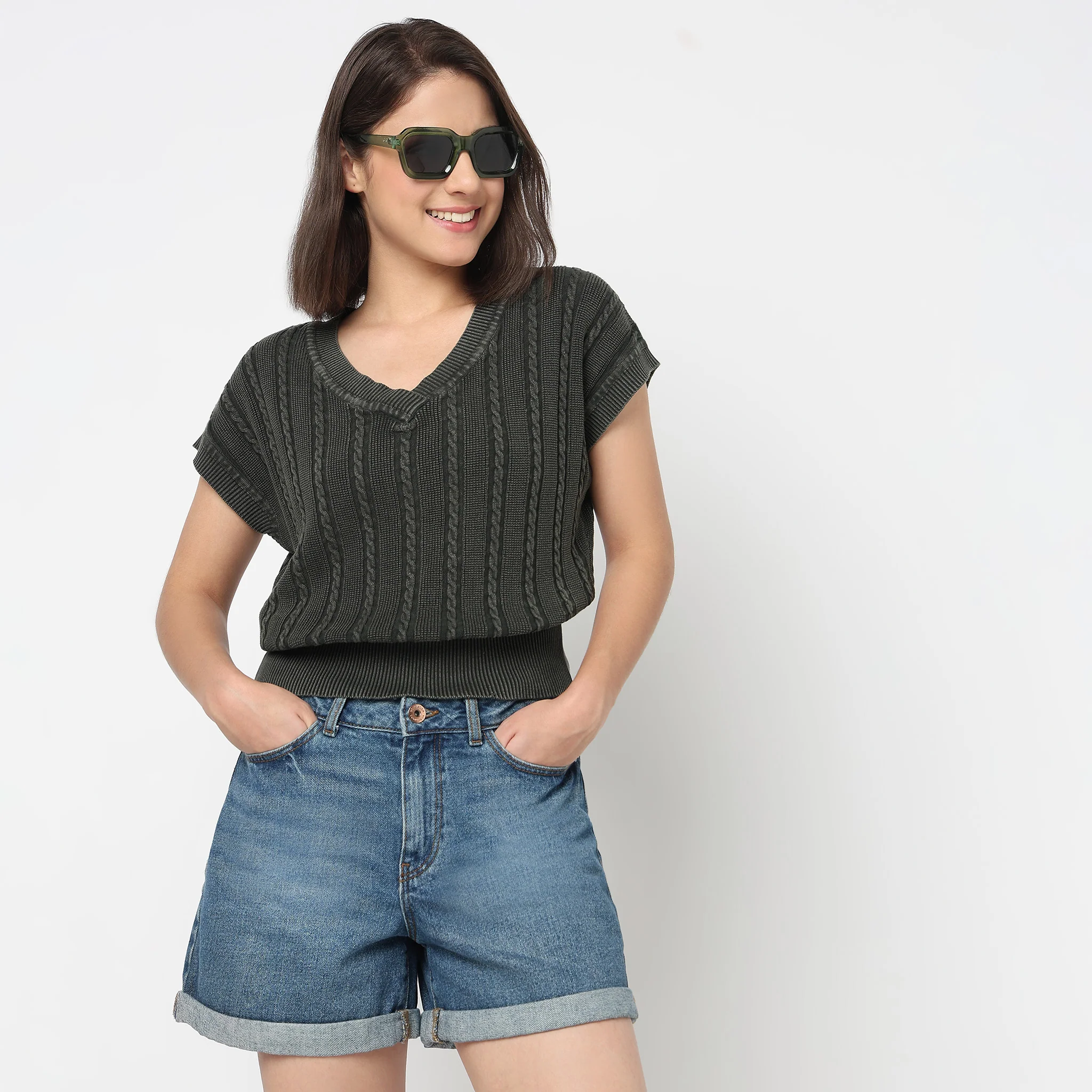 V-Neck Cotton Flatknit Top - Image 2