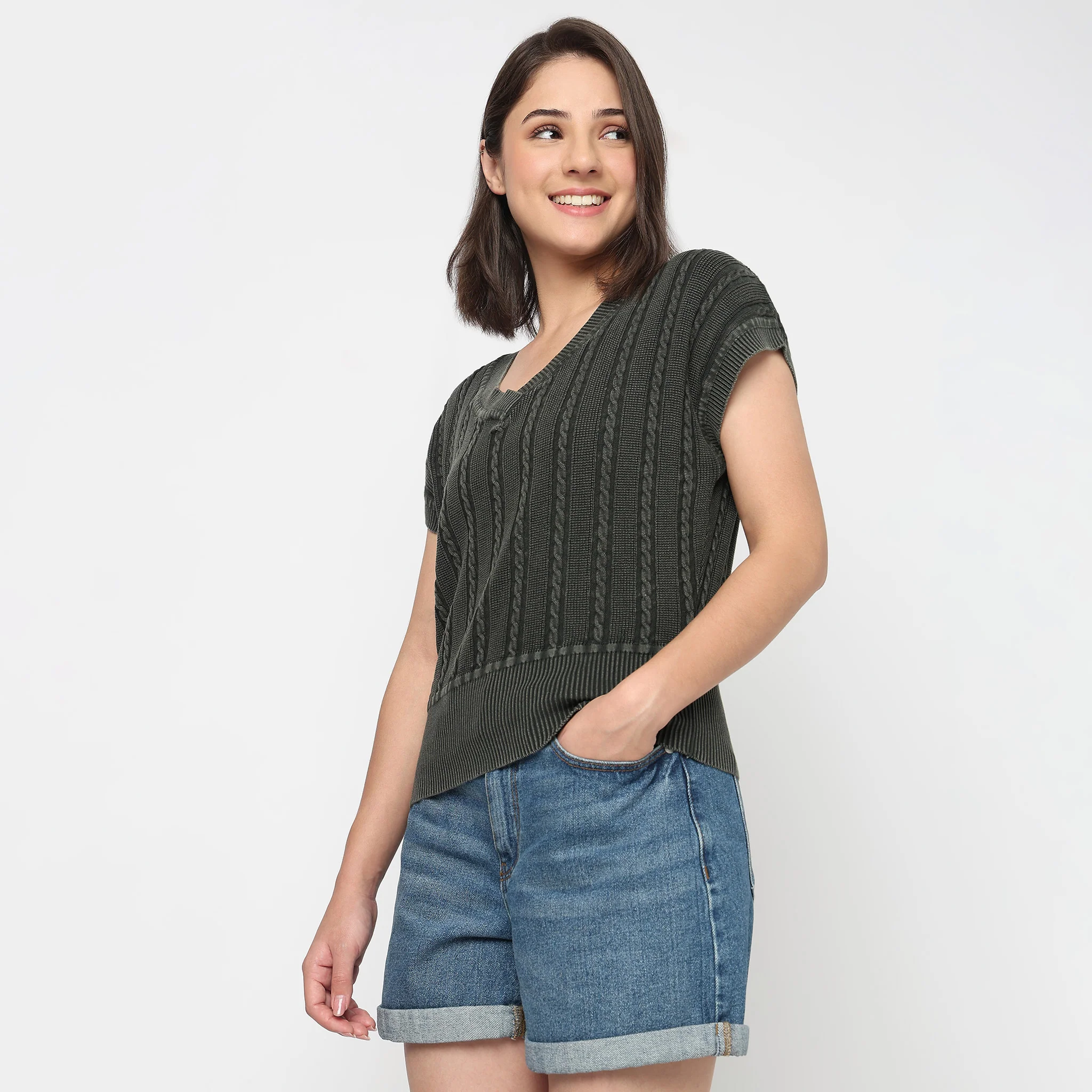 V-Neck Cotton Flatknit Top - Image 5