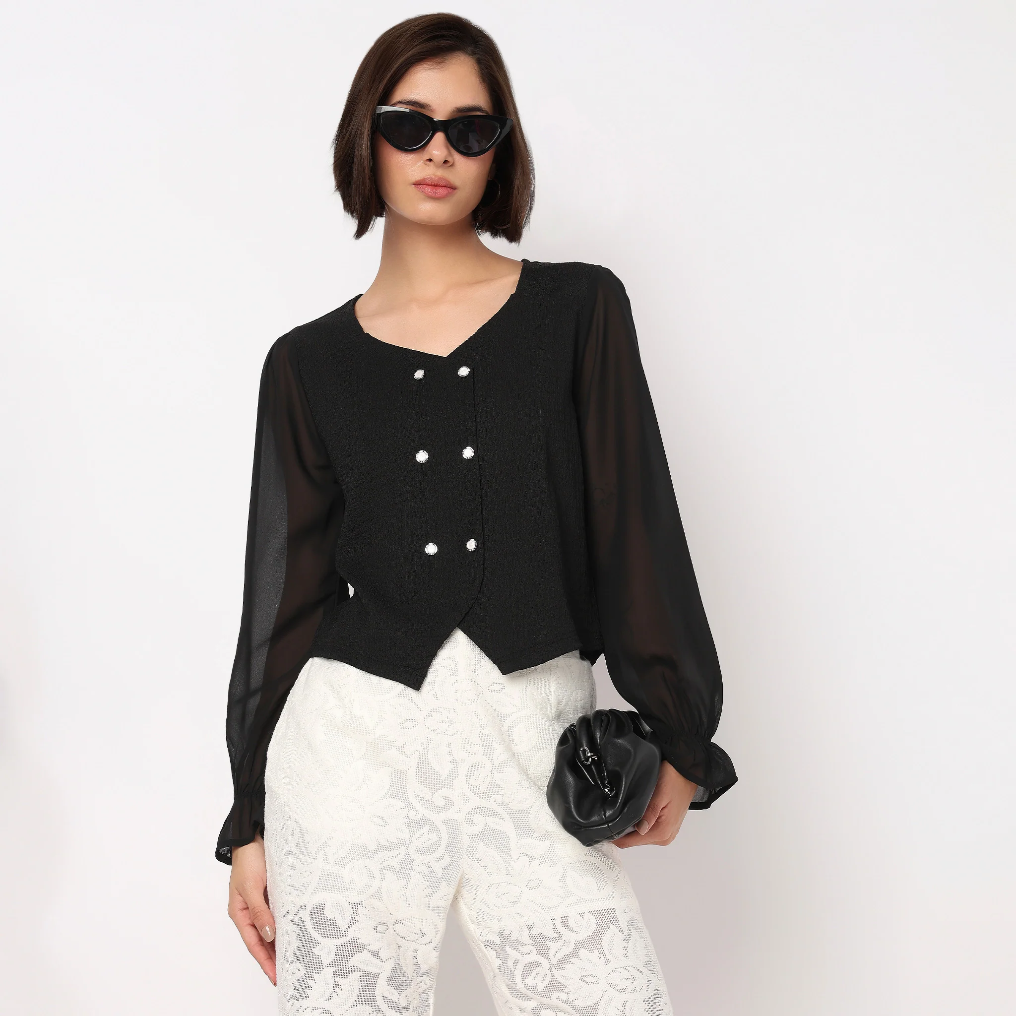 V-Neck Double Breasted Top With Korean Buttons - Image 2