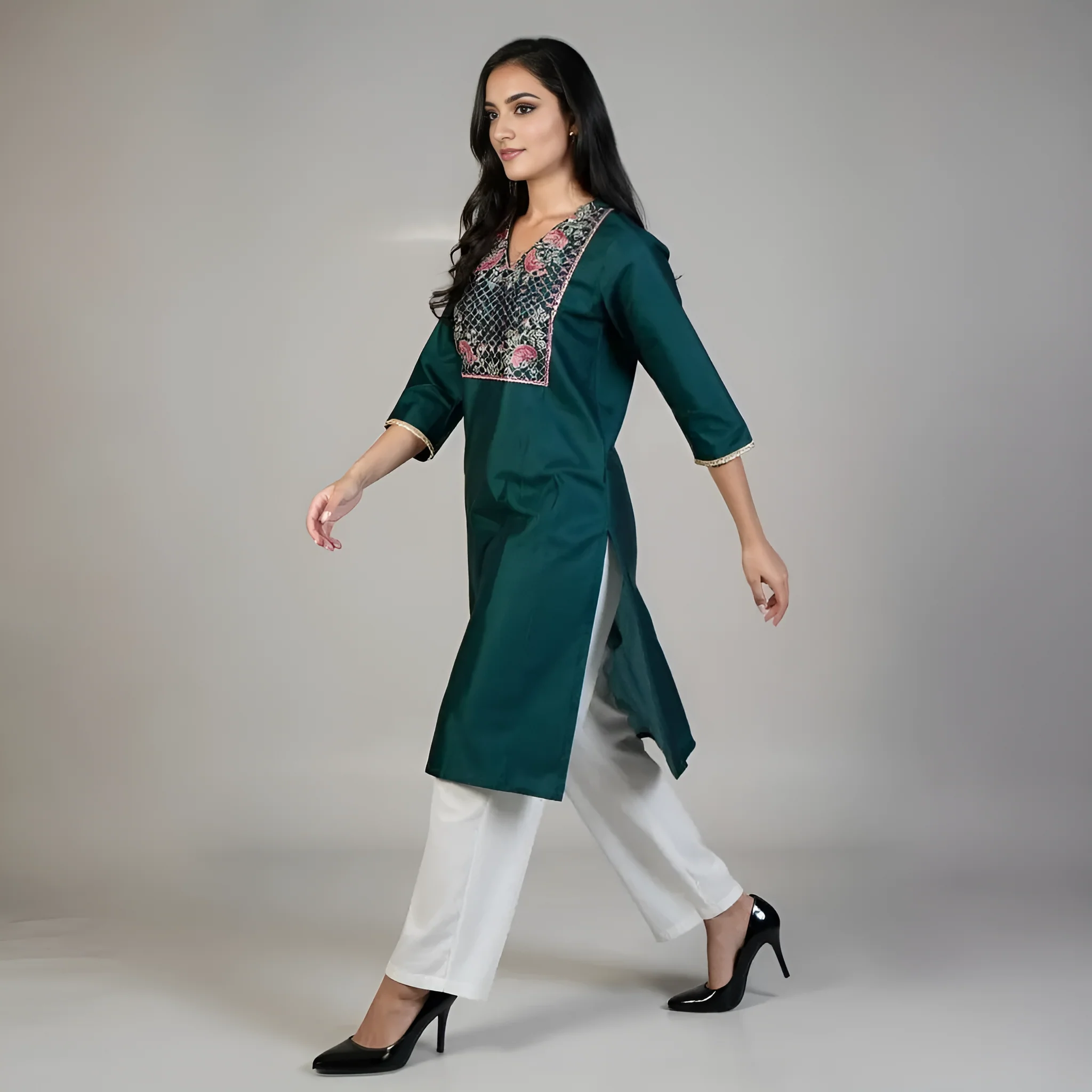 V-Neck Embroidered Straight Kurta - Image 4