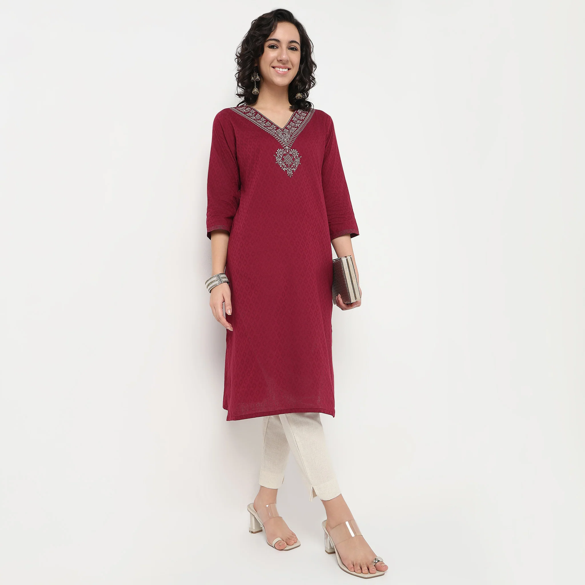 V Neck Embroidered Yoke Cotton Dobby Kurta
