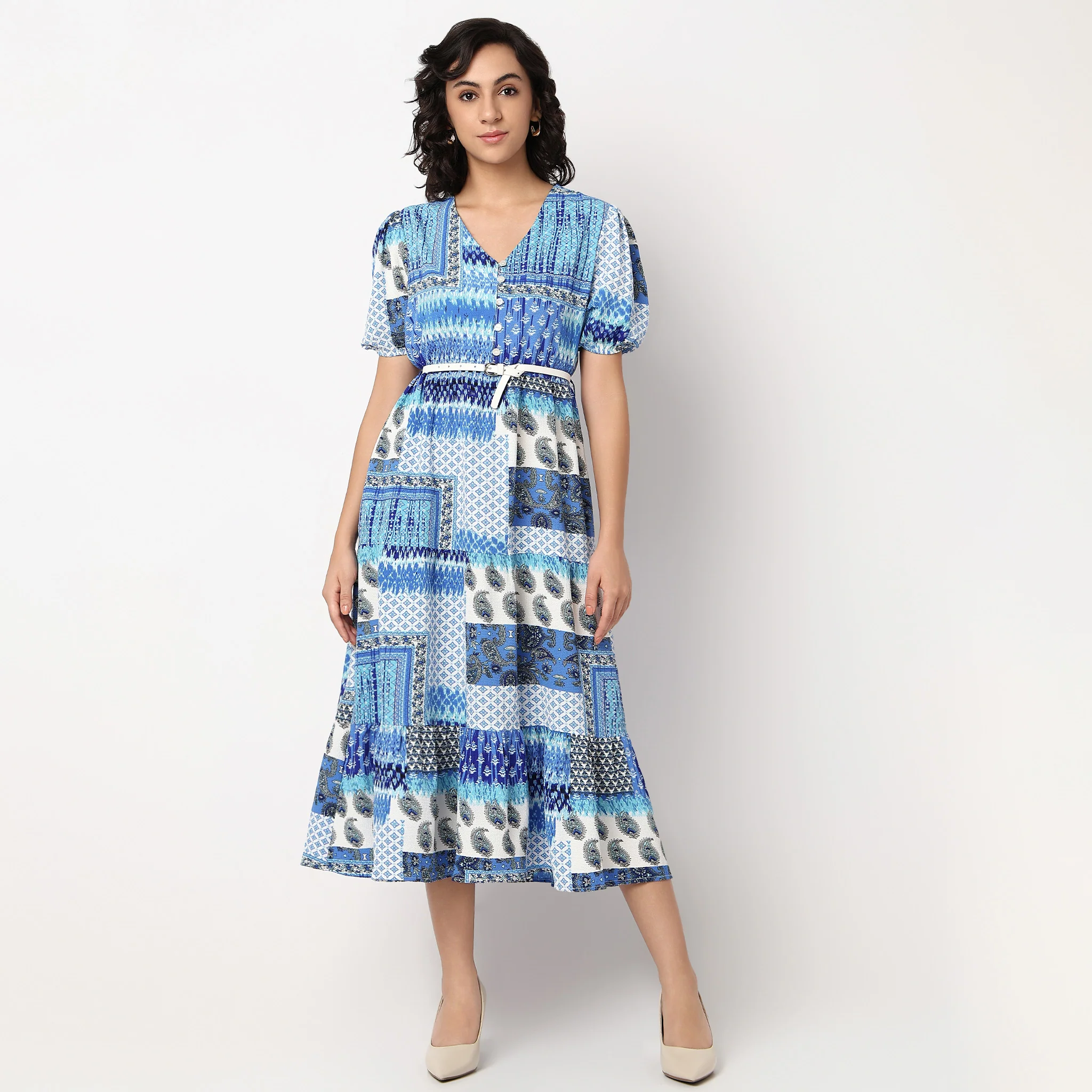 V-Neck Flared Tiered Dress With Belt - Image 2