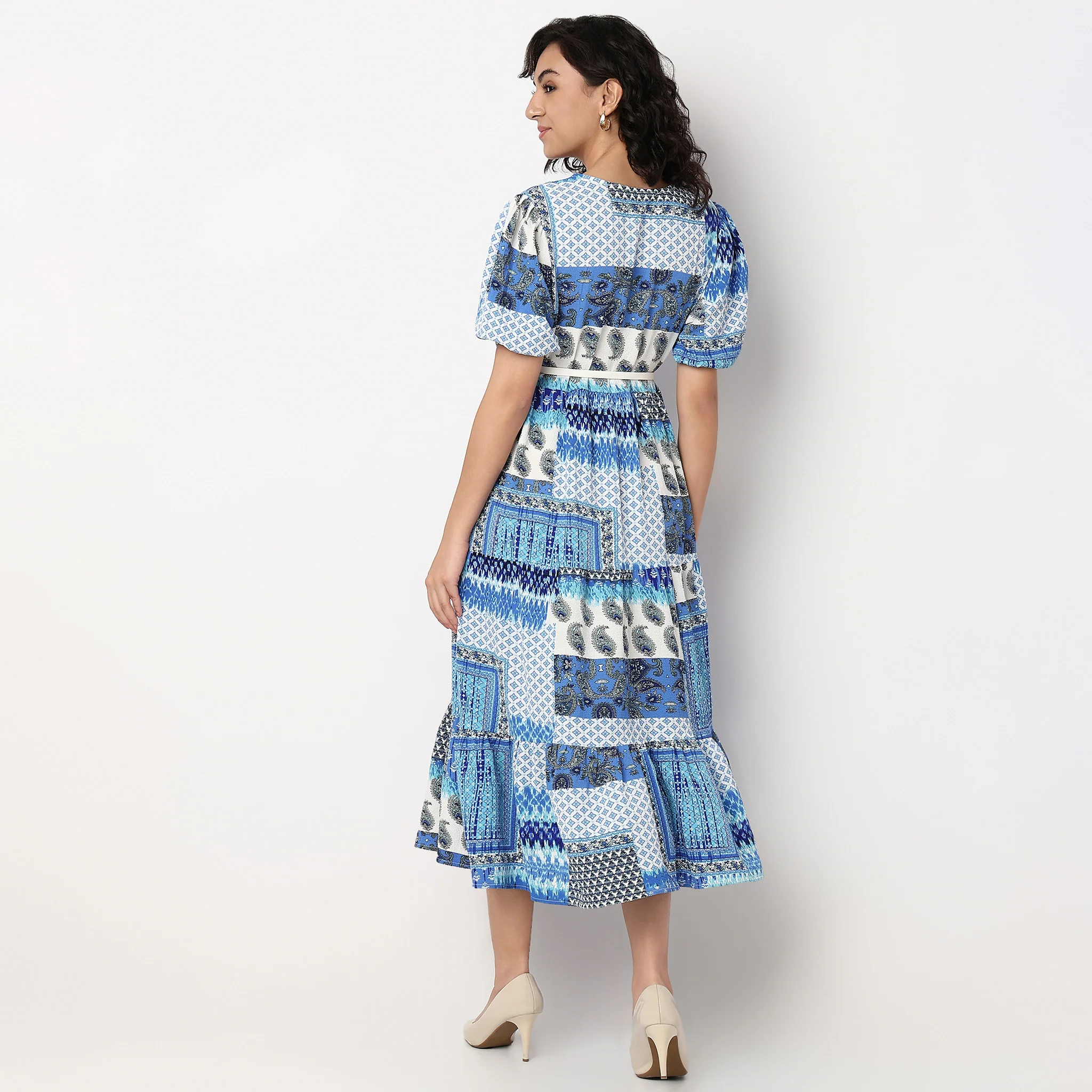 V-Neck Flared Tiered Dress With Belt - Image 3