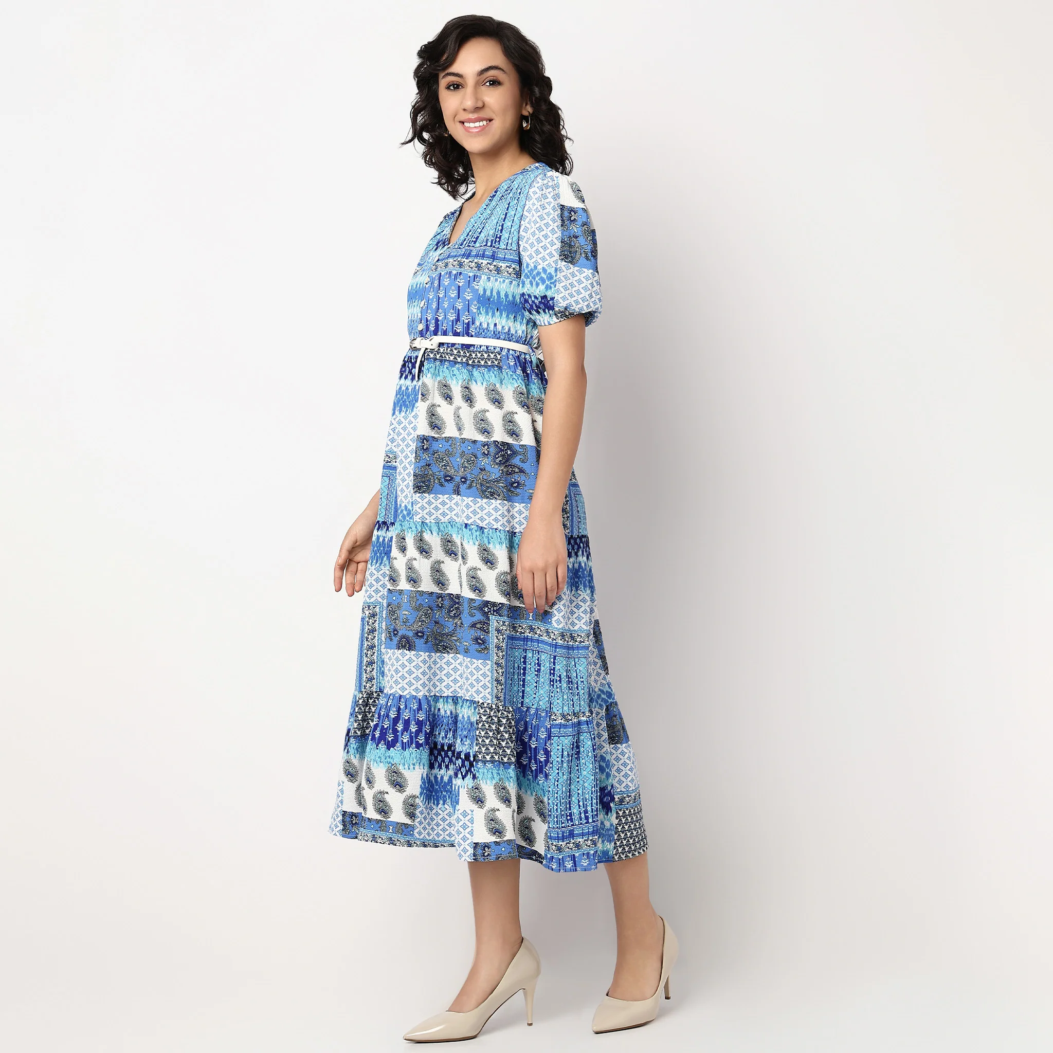 V-Neck Flared Tiered Dress With Belt - Image 5
