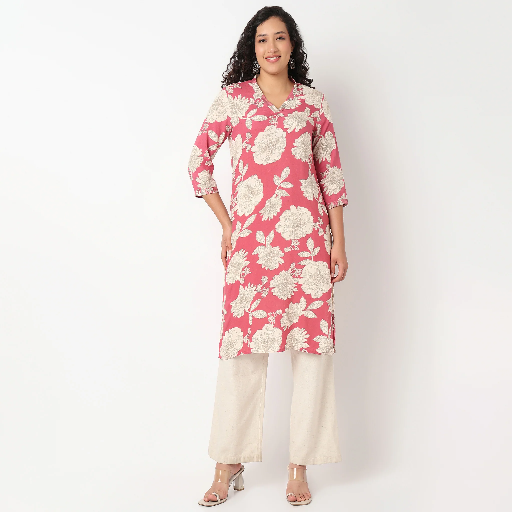 V Neck Floral Long Kurta - Image 2