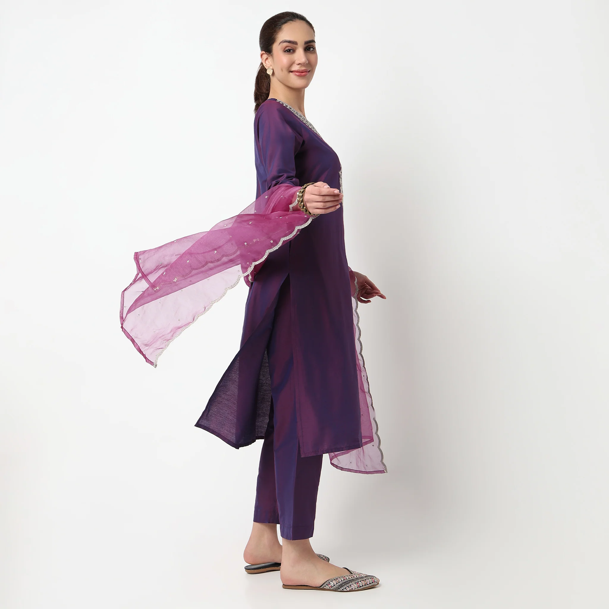 V-Neck Kurta with Pant & with Dupatta Set