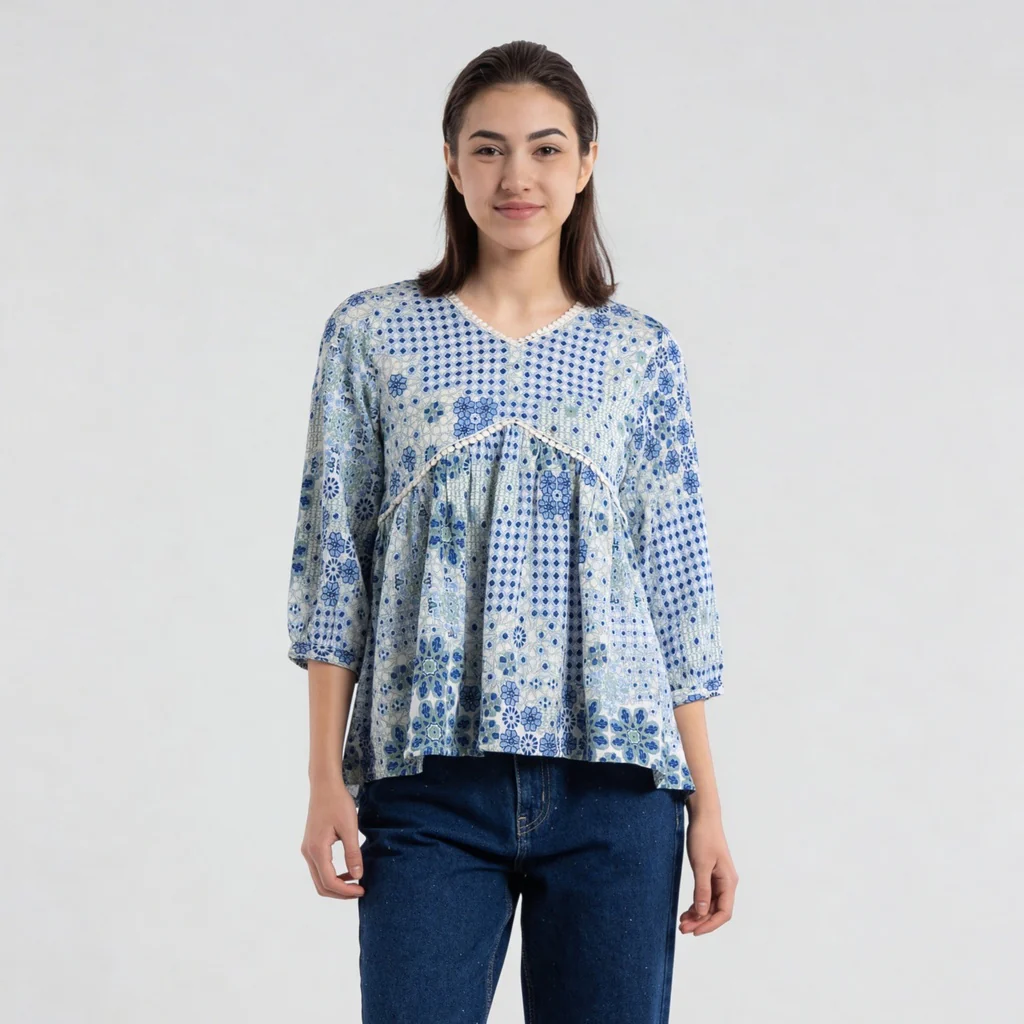 V-Neck Printed Flared W Cut Top - Image 2