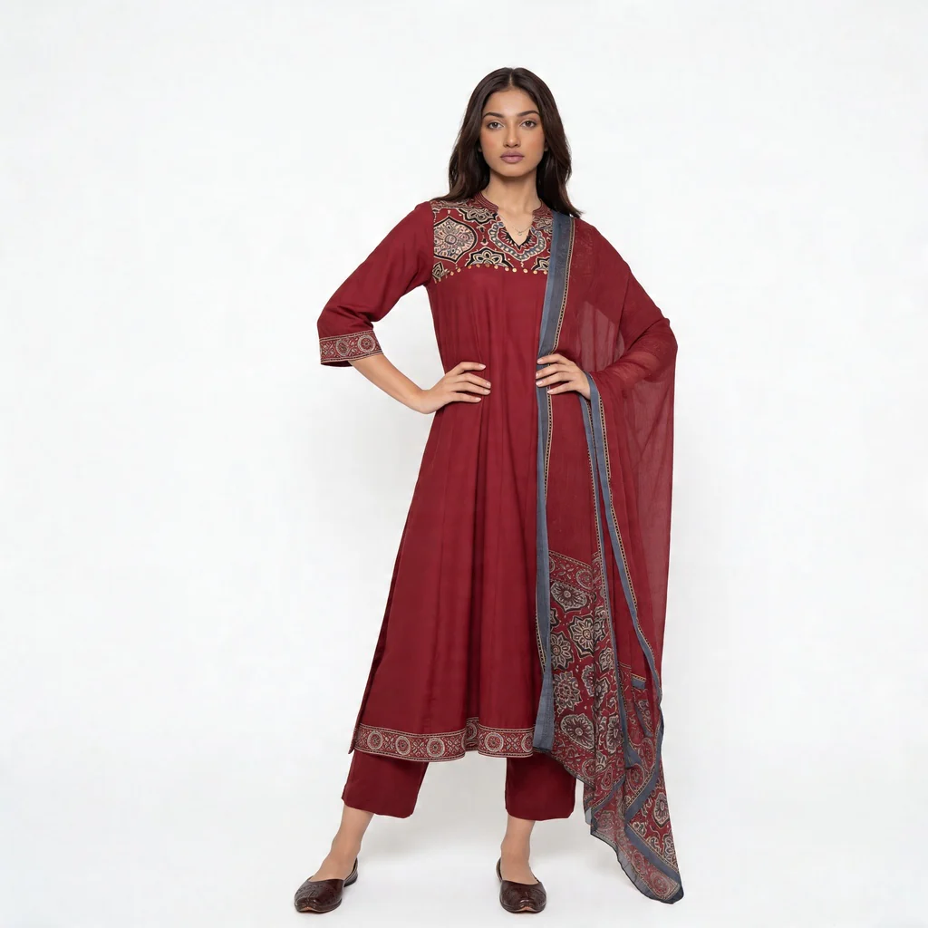 V-Neck Printed Kalidar Kurta with Pant and Dupatta Set - Image 2