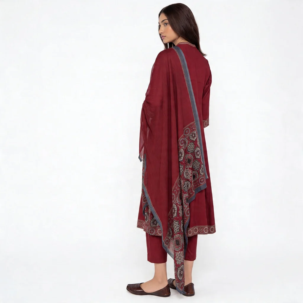 V-Neck Printed Kalidar Kurta with Pant and Dupatta Set - Image 3