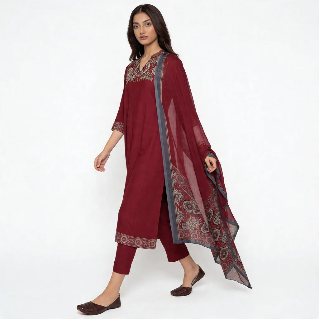 V-Neck Printed Kalidar Kurta with Pant and Dupatta Set - Image 5