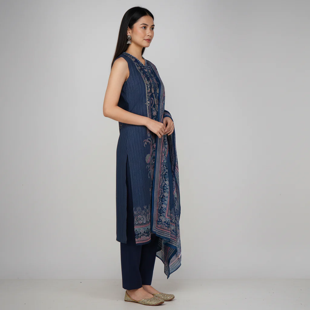 V-Neck Printed Straight Kurta with Pant and Dupatta Set