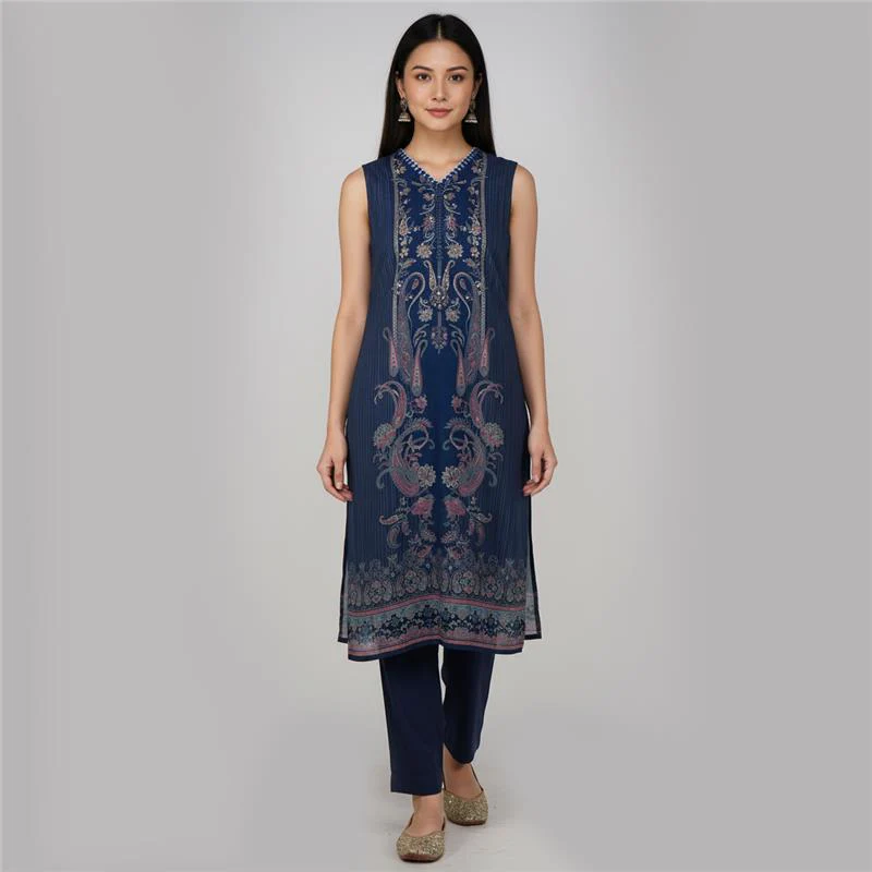 V-Neck Printed Straight Kurta with Pant and Dupatta Set - Image 2