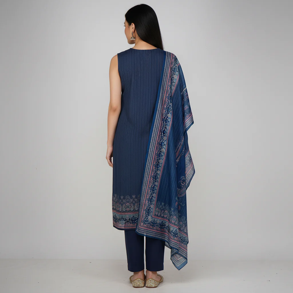 V-Neck Printed Straight Kurta with Pant and Dupatta Set - Image 3