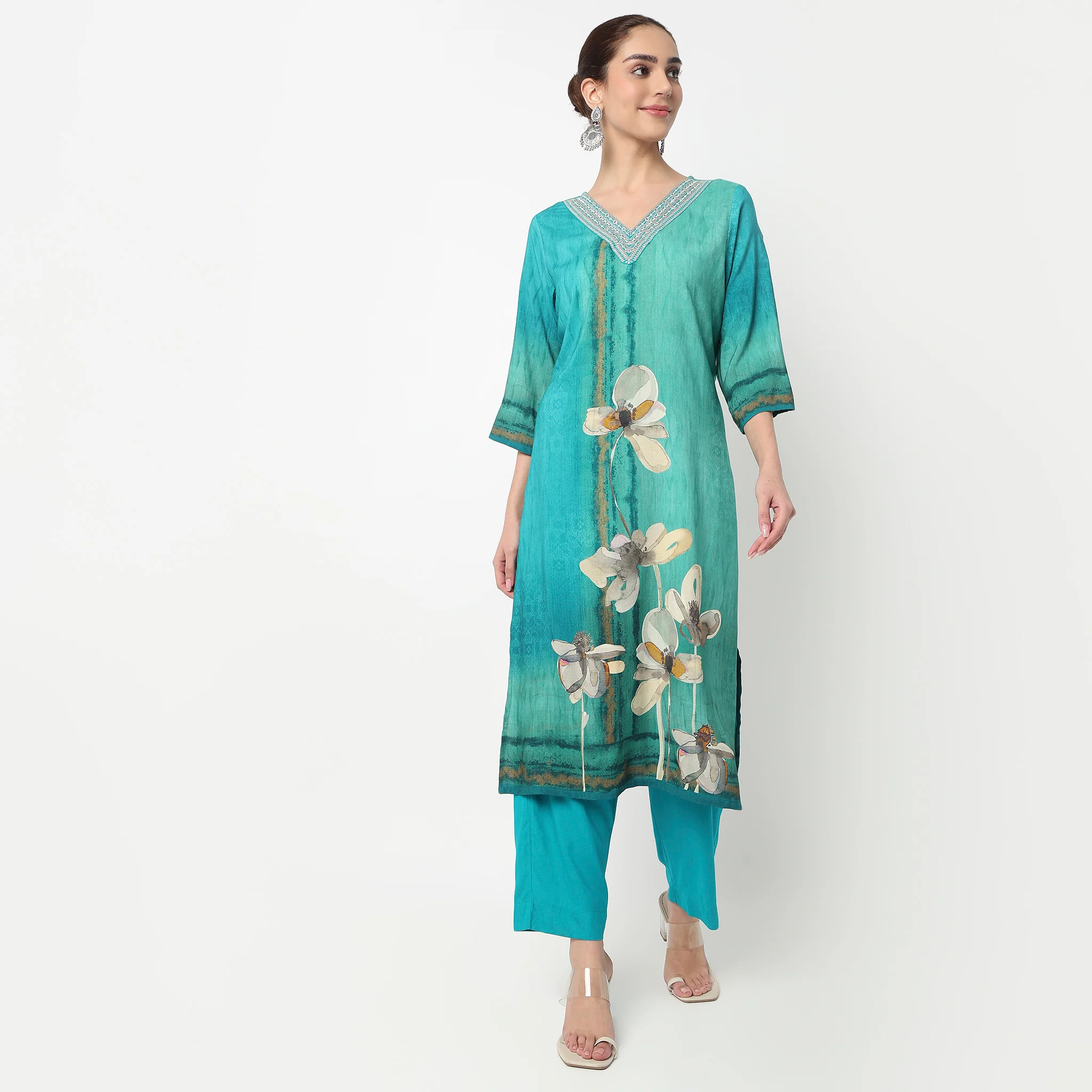 V-Neck Printed Straight Kurta with Pant & with Dupatta Set - Image 2
