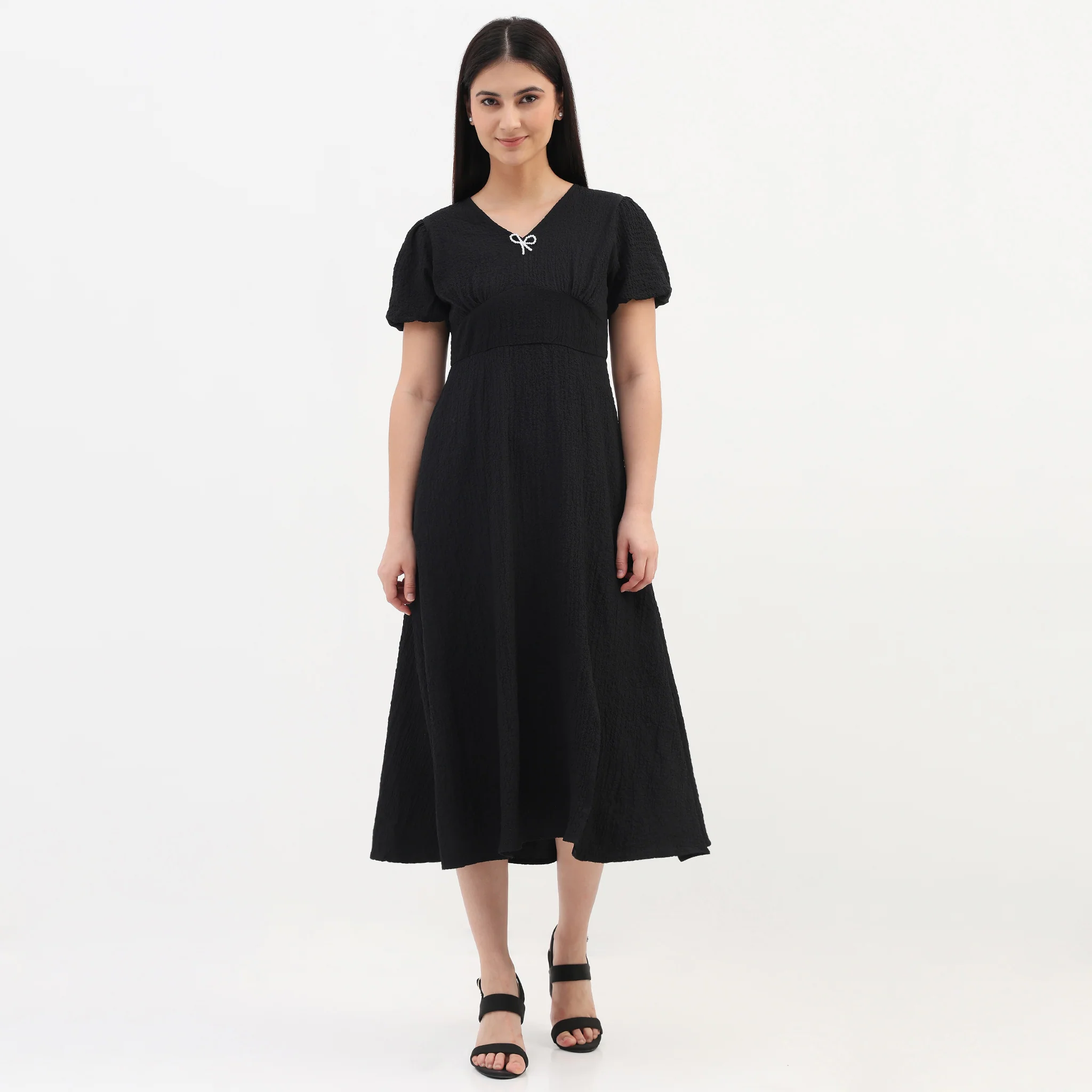 V-Neck Textured Flare Dress With Pearl Bow - Image 2