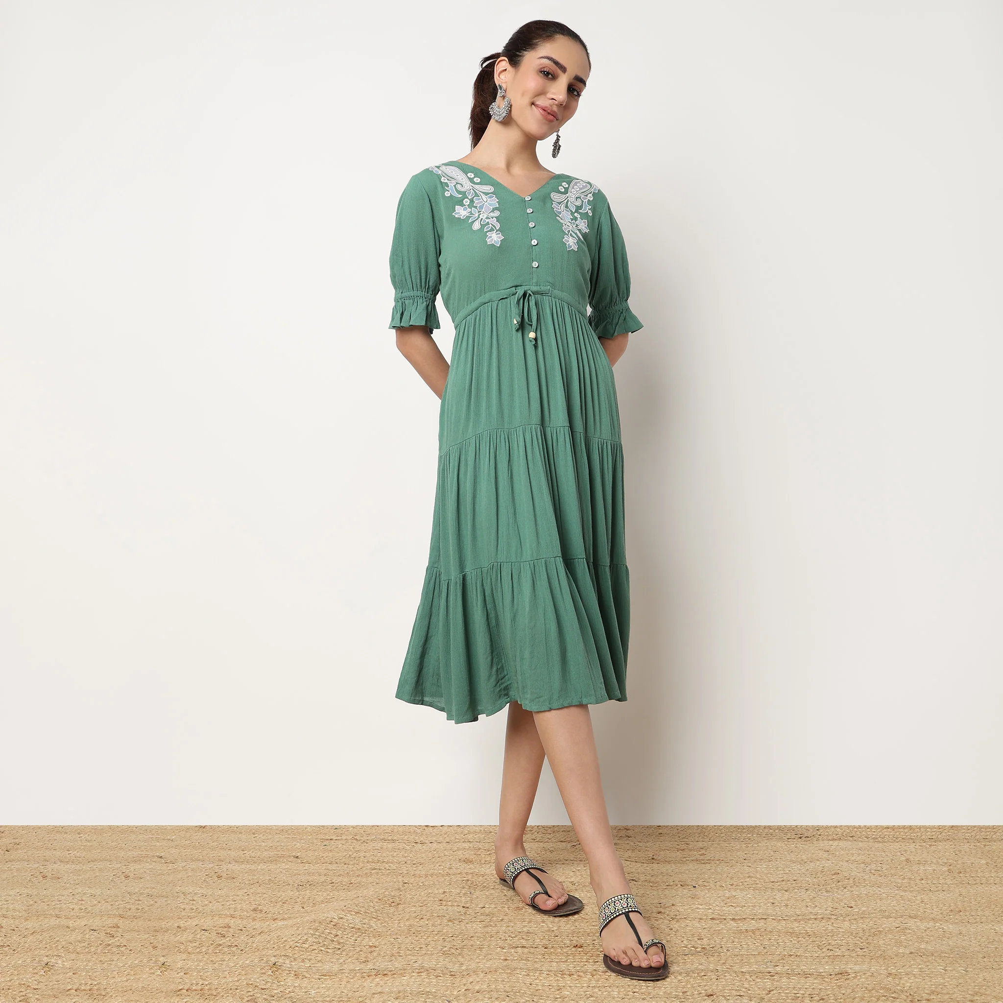 V-Neck Tiered Dress With Elbow Length Elasticated Sleeves