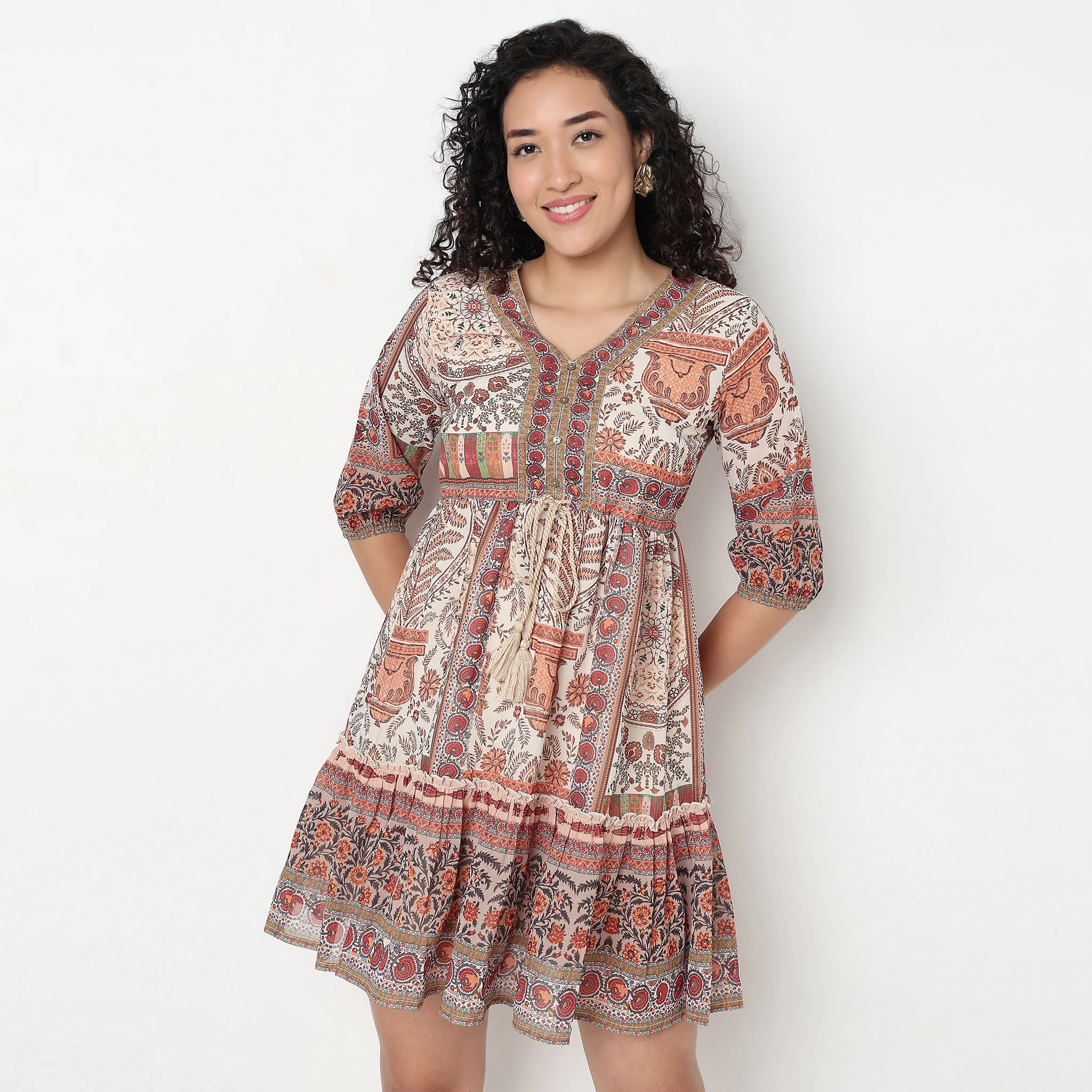 Printed Georgette V-Neck Tiered Dress - Image 2