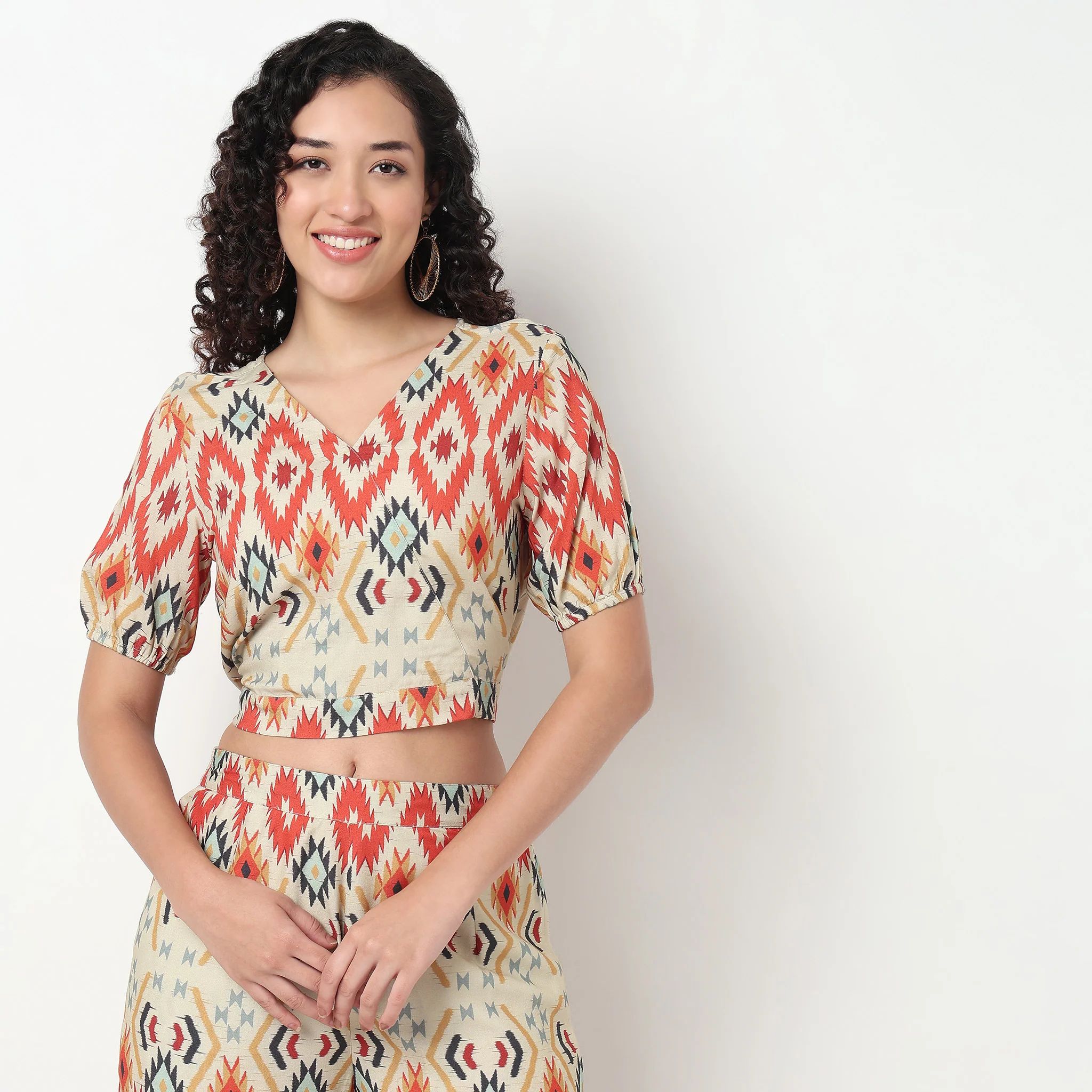 Printed V-Neck Crop Top with Waist Tie-Up - Image 2