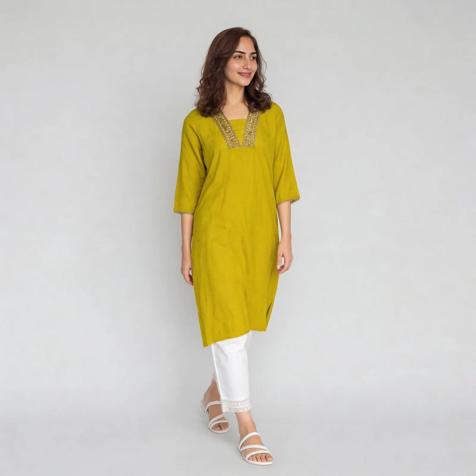 Embellished V-Neck With Gusset Long Kurta