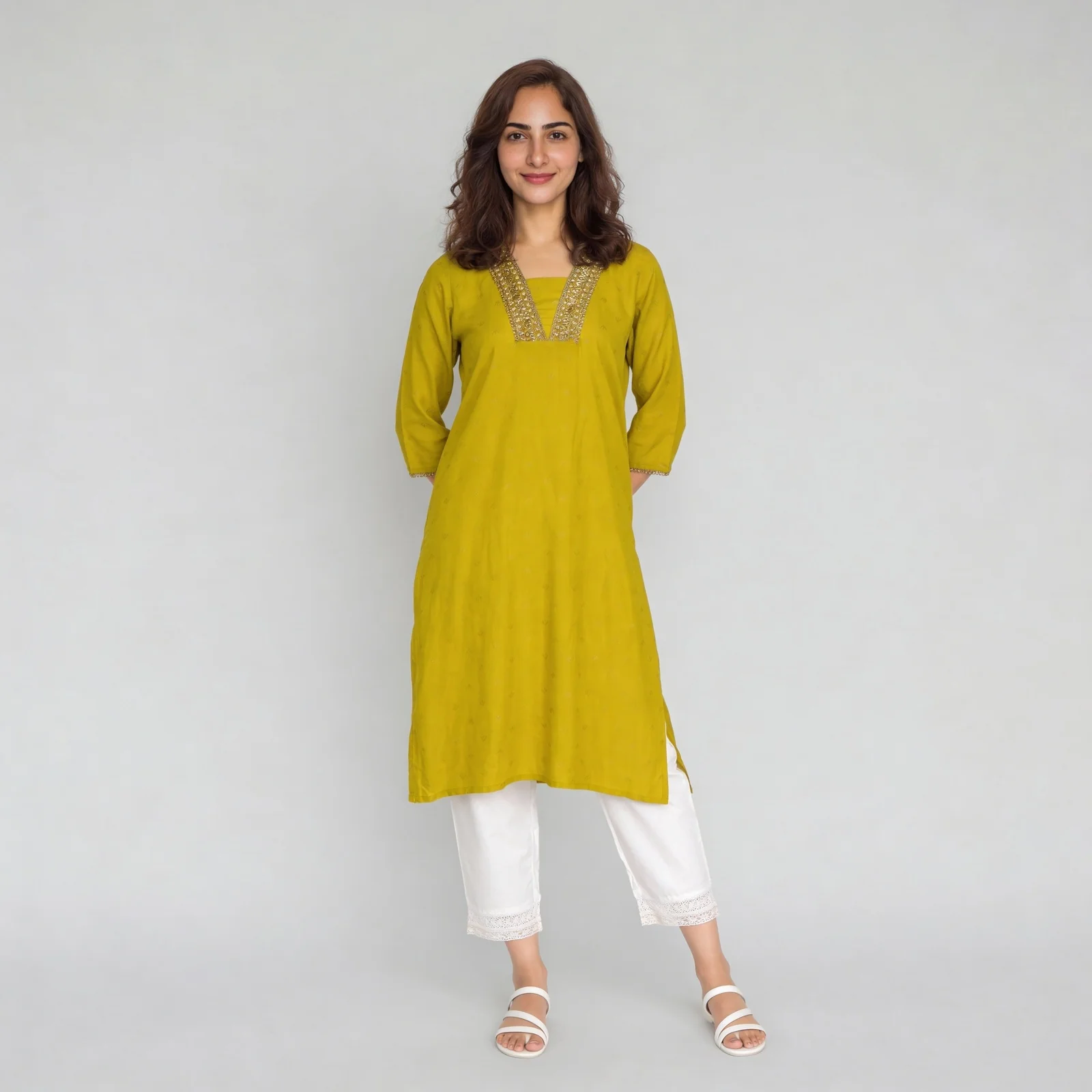 Embellished V-Neck With Gusset Long Kurta - Image 2