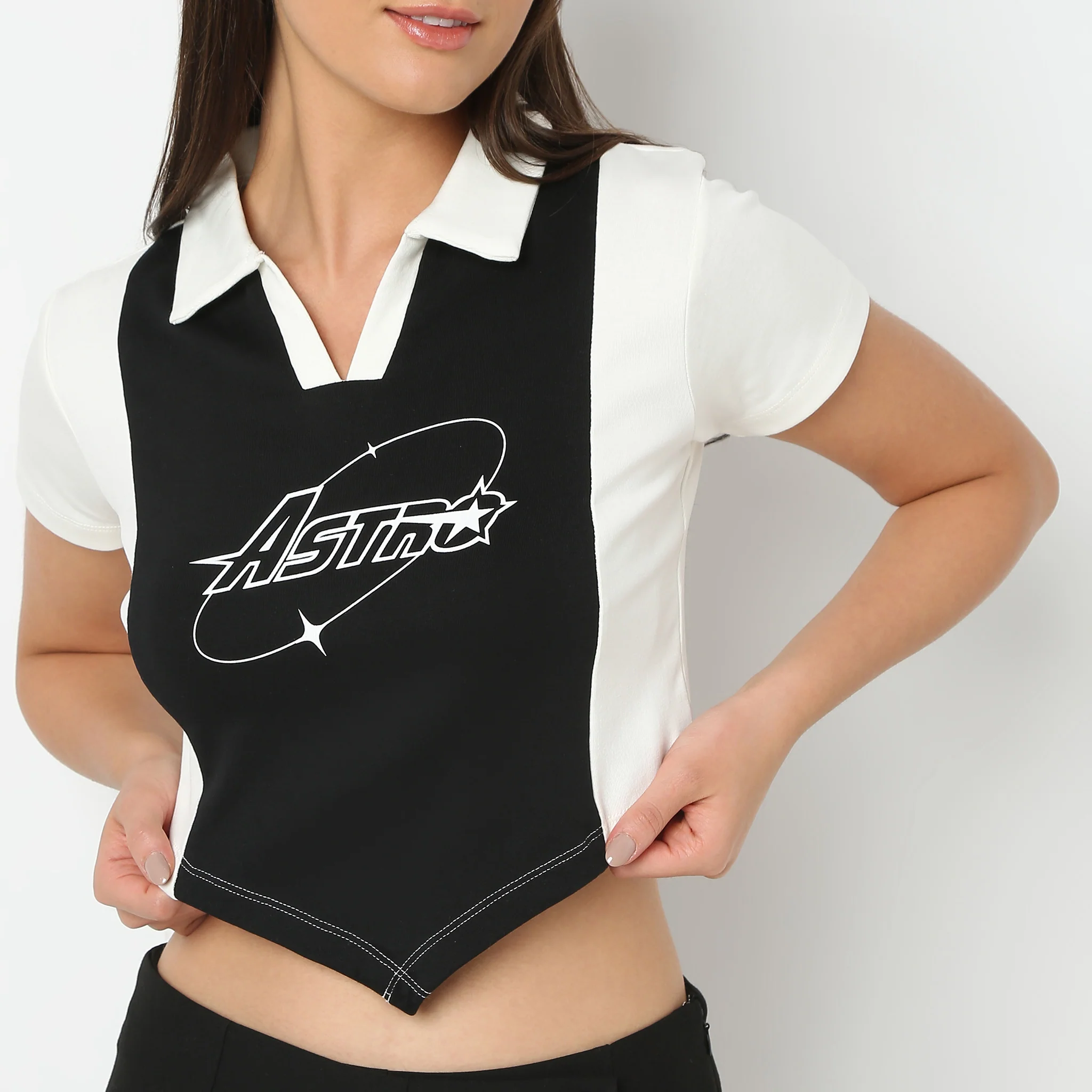 Polo Neck Graphic Athleisure Crop T-Shirt - Image 4