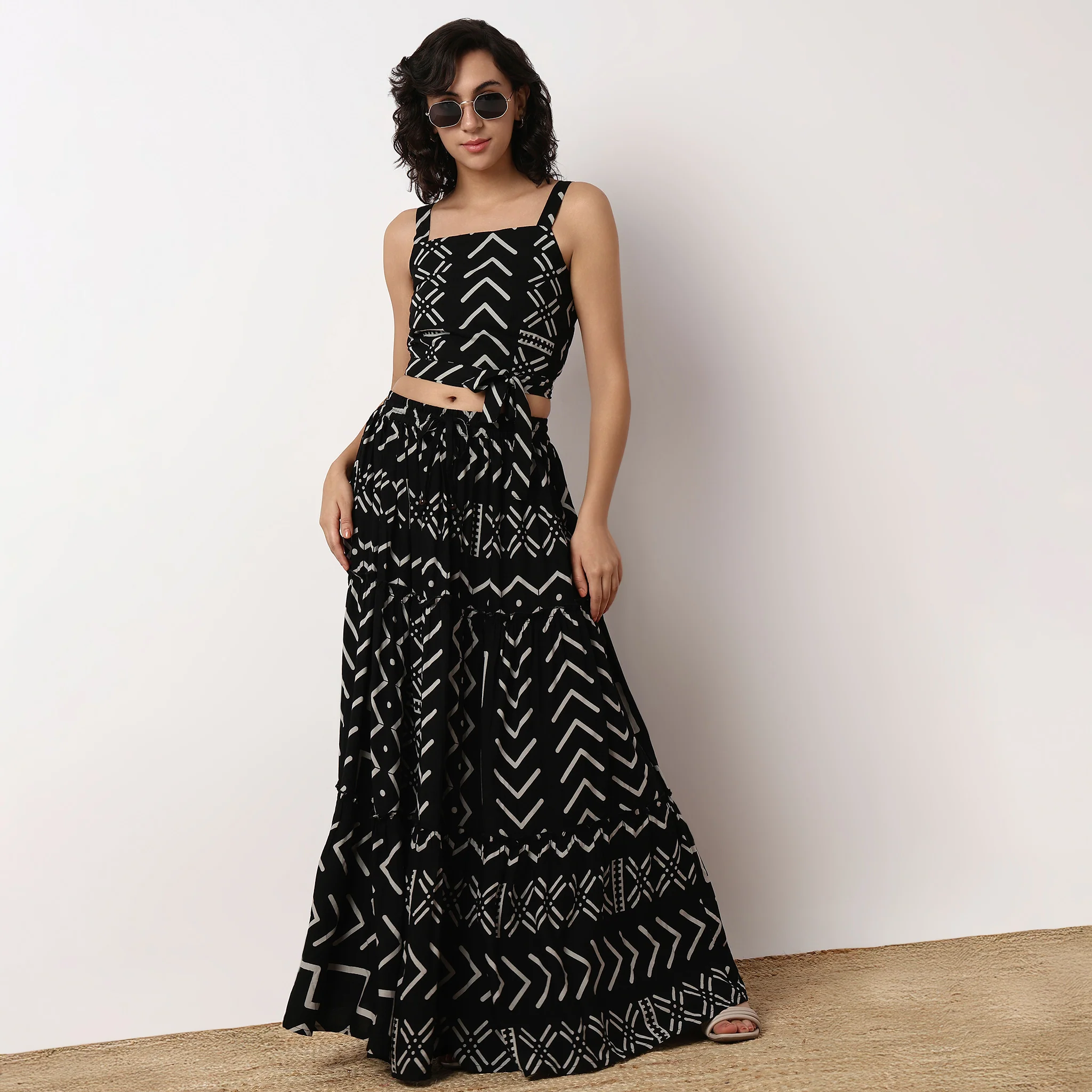 Printed Flared Tiered Skirt