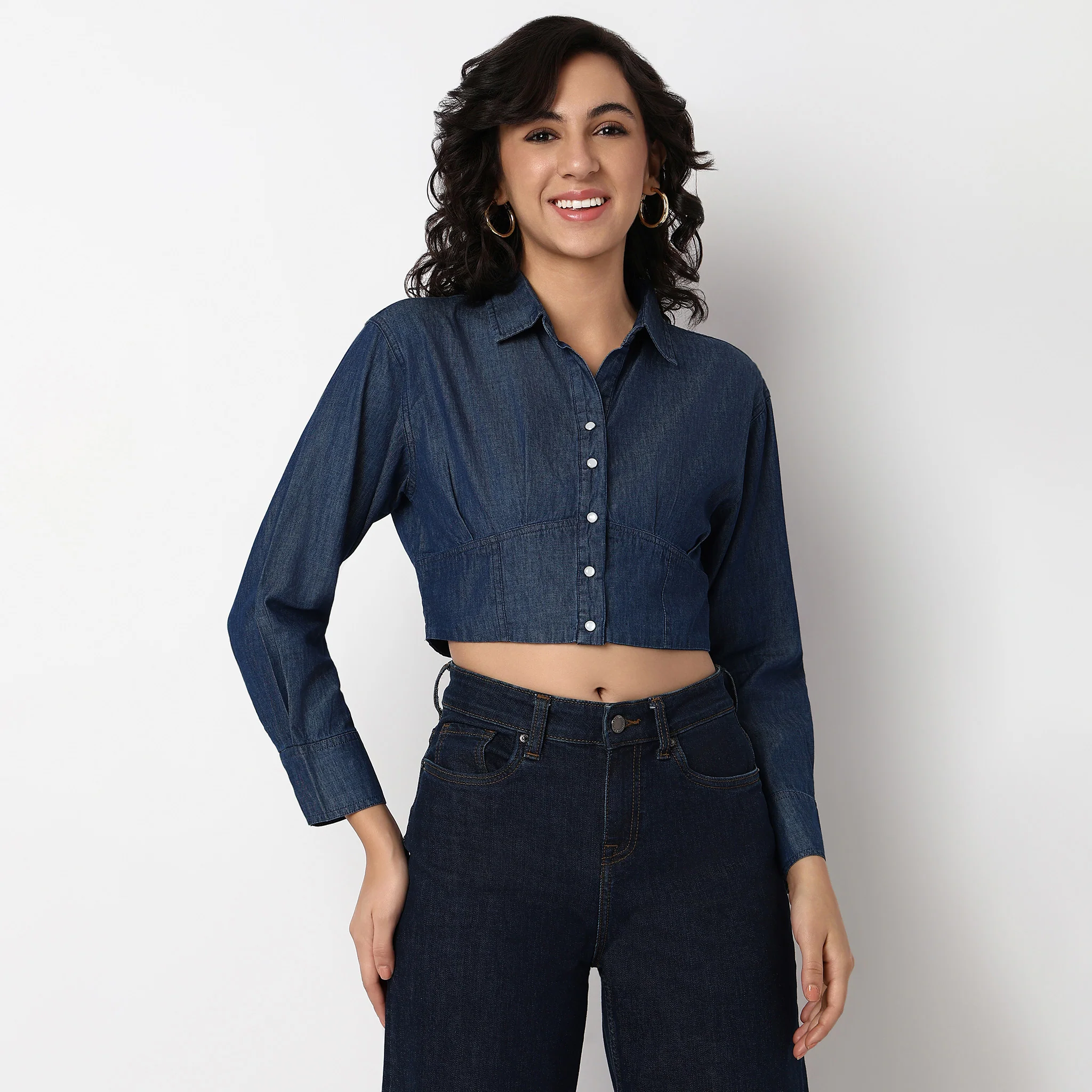 Cotton Cropped Denim Shirt - Image 2