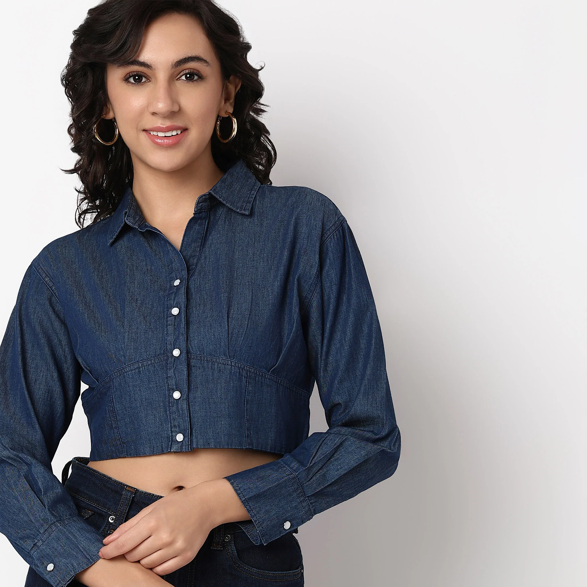 Cotton Cropped Denim Shirt - Image 4