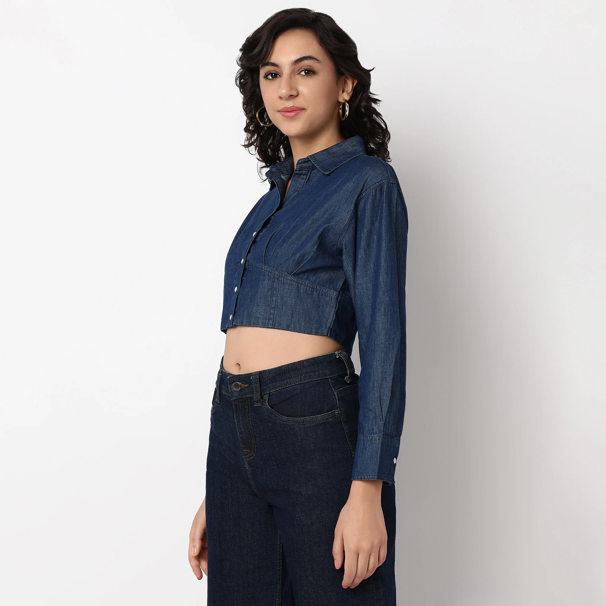 Cotton Cropped Denim Shirt - Image 5