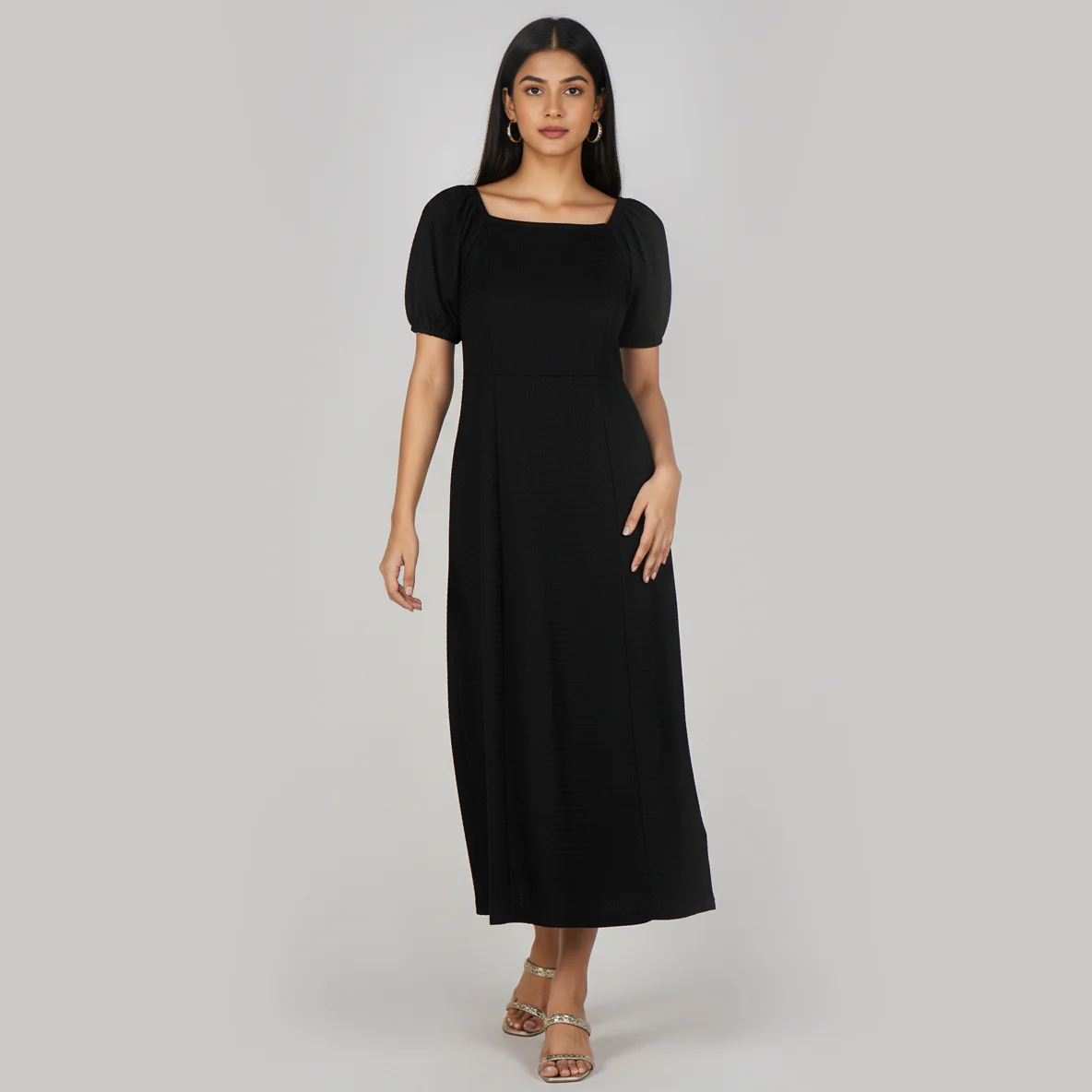 Woven Solid Puff Sleeve Dress