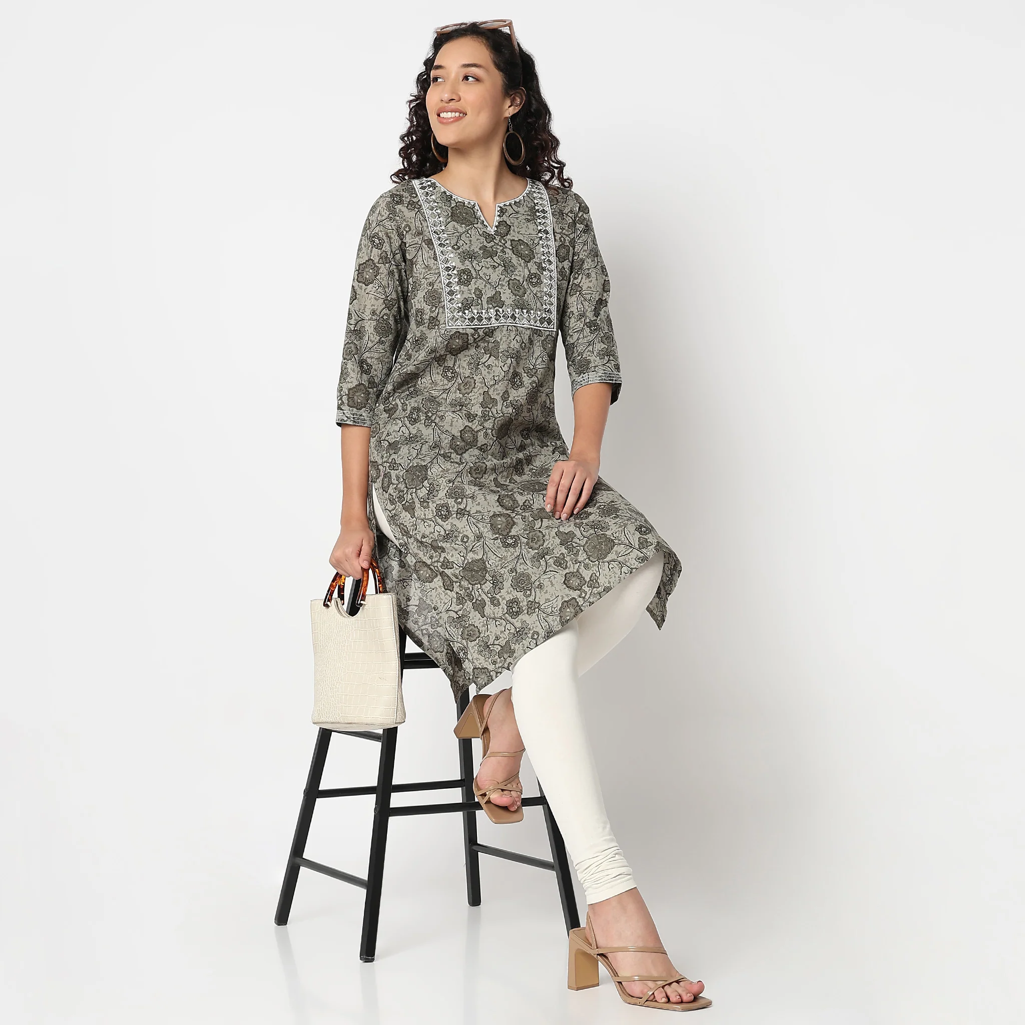 Yoke Printed Knee Length Straight Kurta